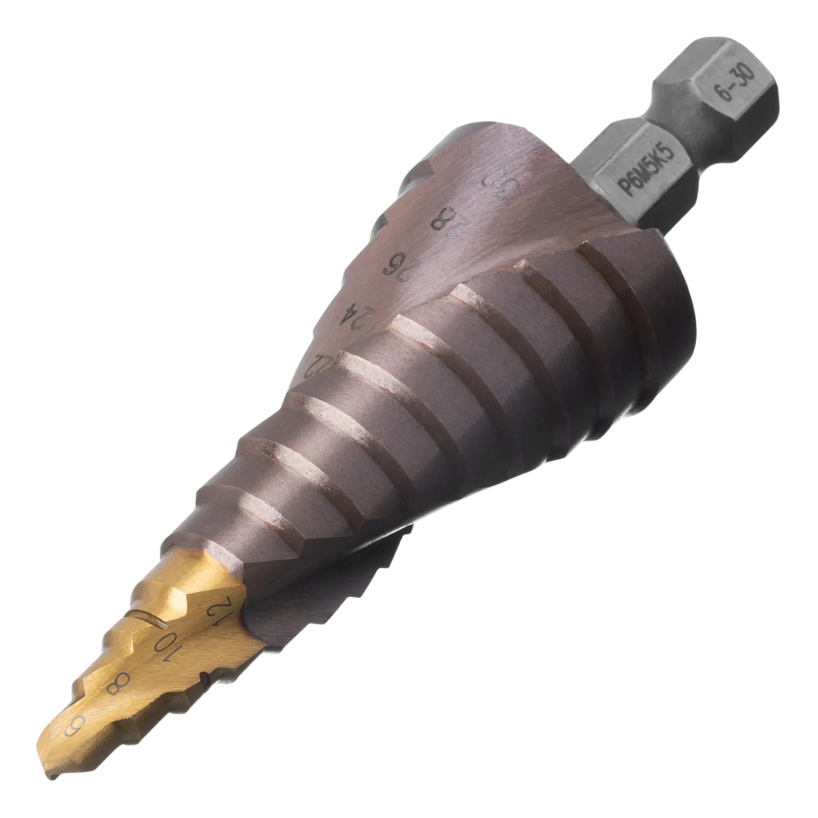 Сверло ступенчатое DENZEL, 6-8-10-12-14-16-18-20-22-24-26-28-30мм, Р6М5К5, 6-гр. хвостовик