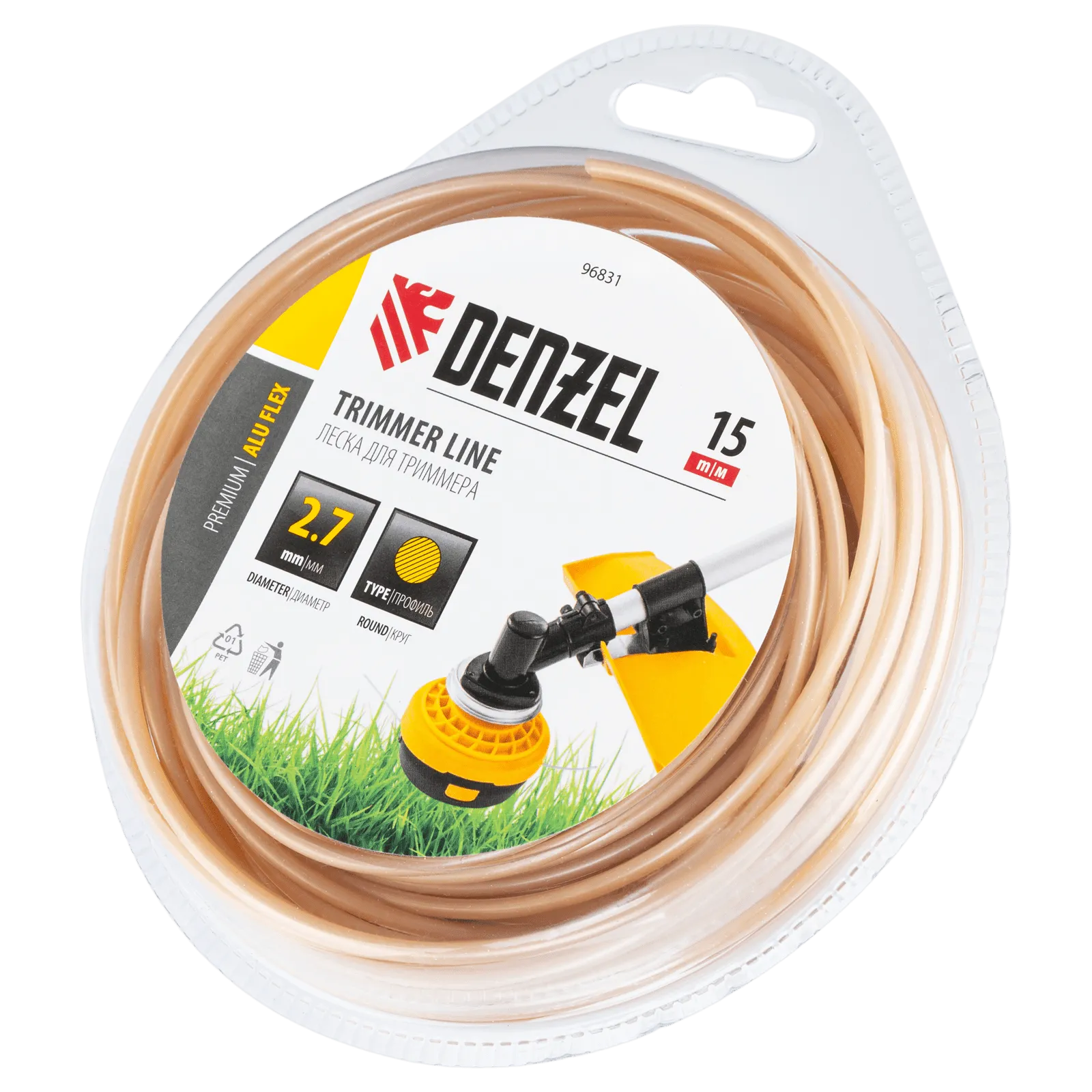 Леска для триммера DENZEL армированная алюминием круглая, 2,7мм х 15м, блистер ALUFLEX