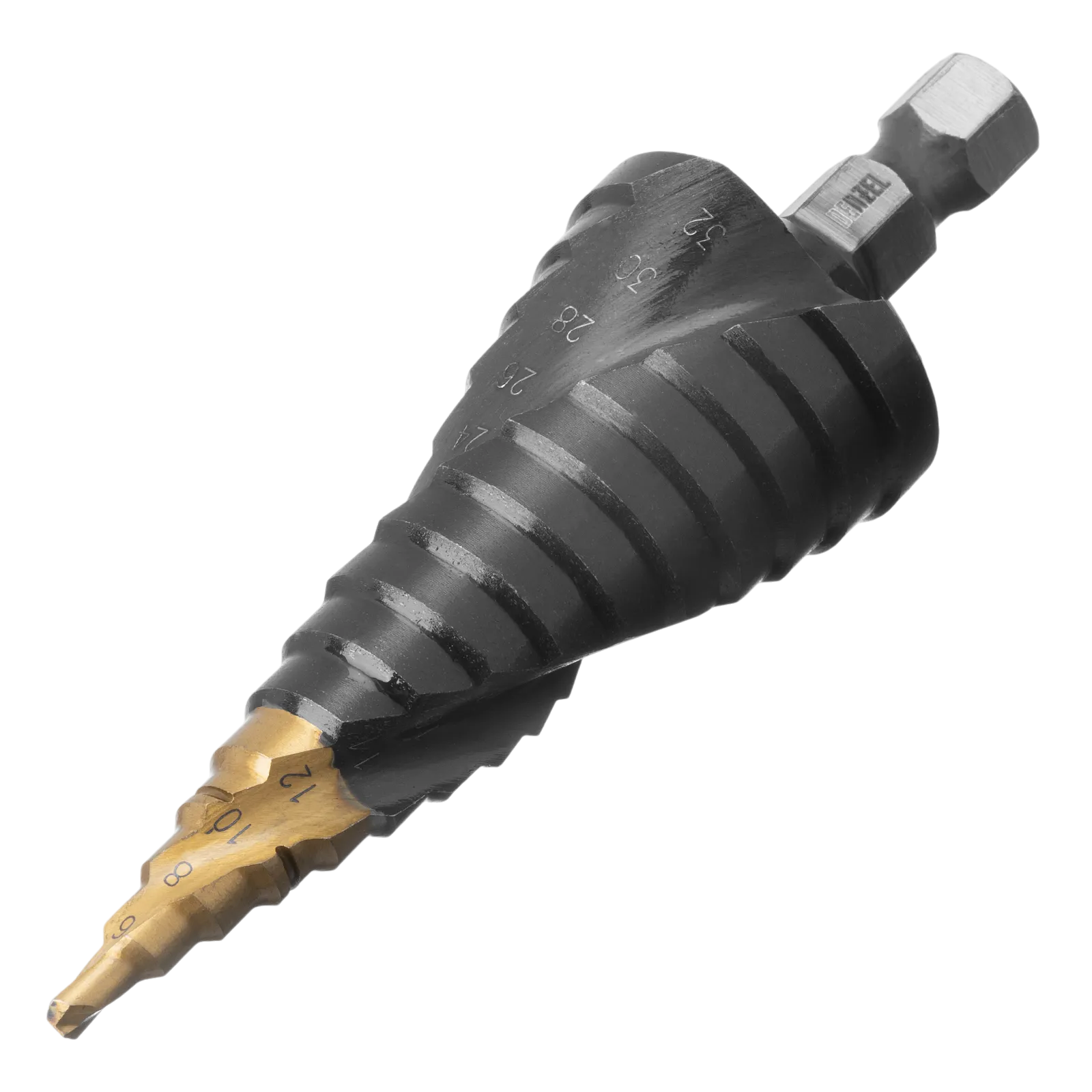 Сверло ступенчатое DENZEL, 4-6-8-10-12-14-16-18-20-22-24-26-28-30-32 мм, Р6М5, 6-гр. хвостовик