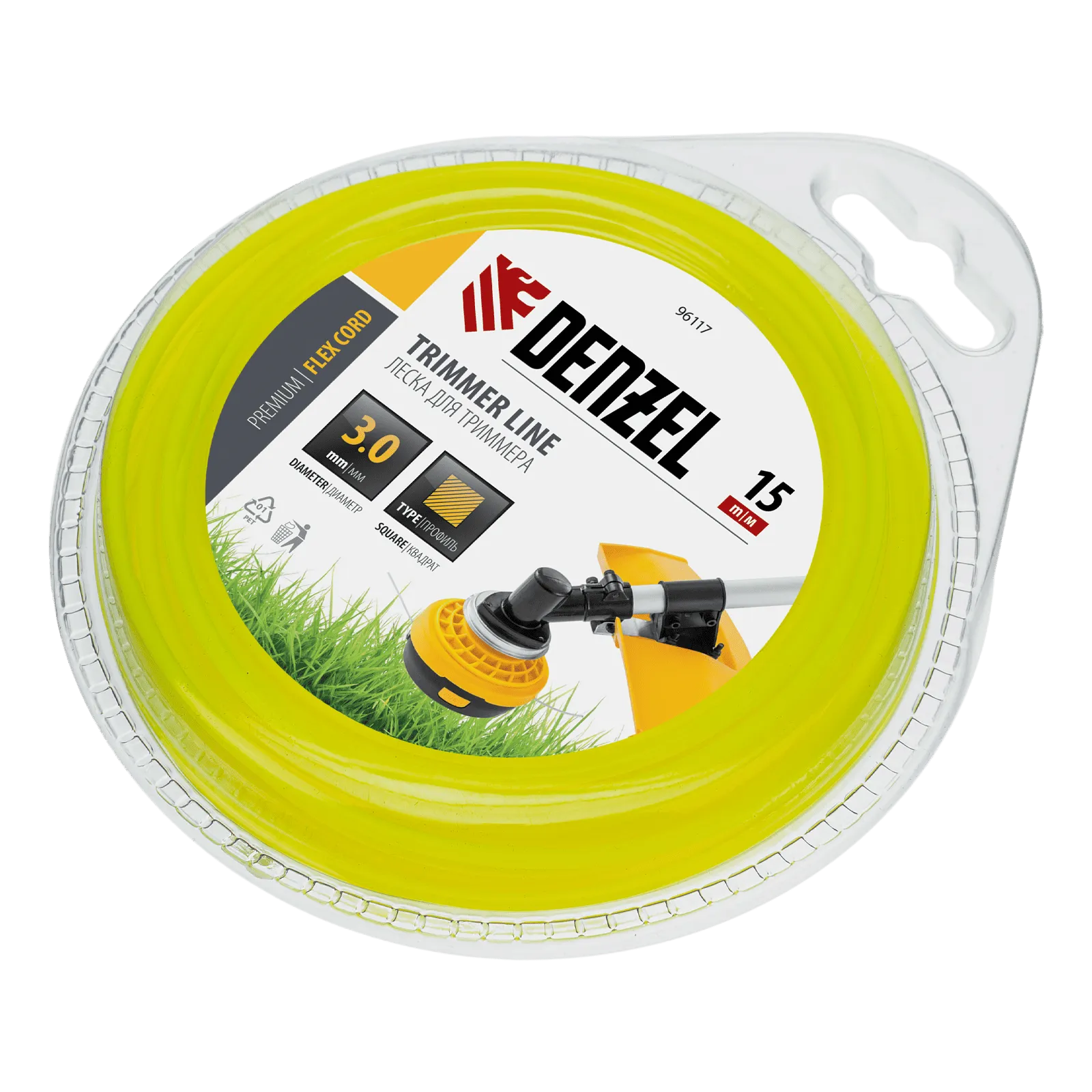 Леска для триммера DENZEL Flex Сord 96117, 3 мм x 15 м, квадратная, блистер