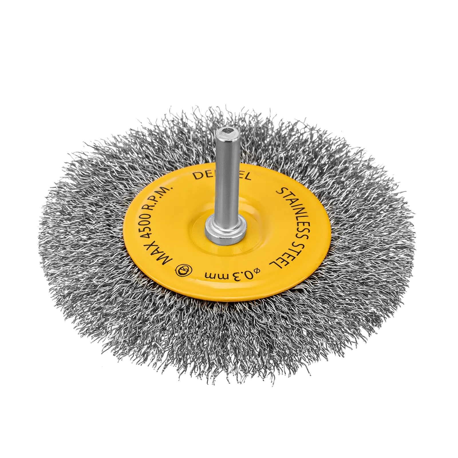 Щетка для дрели DENZEL 100 мм, Плоская, со шпилькой, нержавеющая витая проволока
