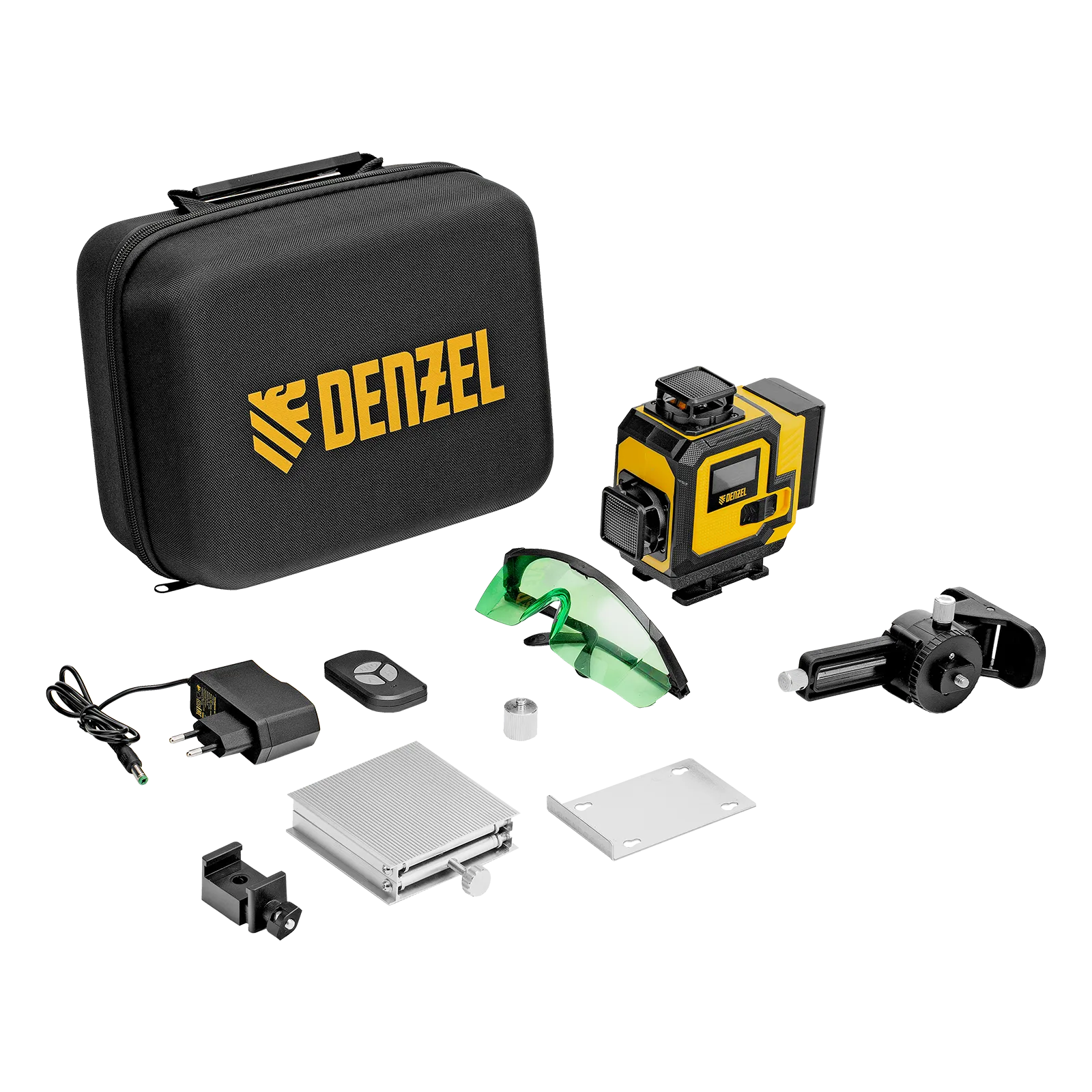 Лазерный уровень мультипризменный DENZEL DLV-360-4C, 30 м, зеленый луч, Li-Ion 2,4 Aч, кейс