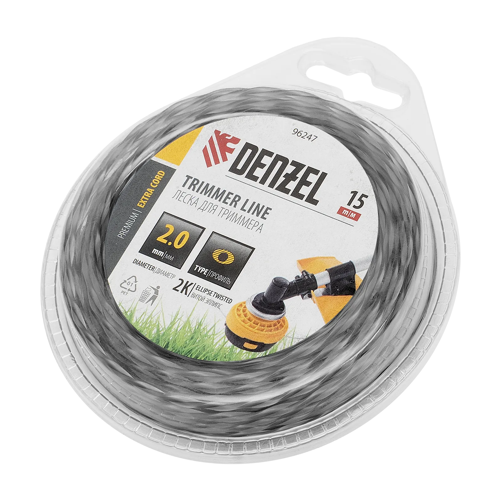 Леска для триммера DENZEL 96247 двухкомпонентная эллипс, 2,0мм х 15м, блистер EXTRA CORD