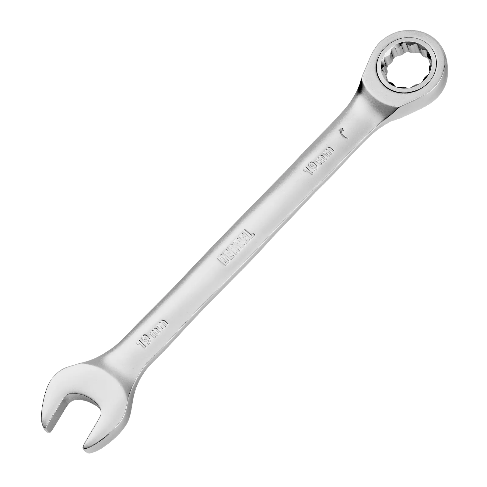 Ключ комбинированный трещоточный DENZEL, 19 мм, CrV, матовый хром