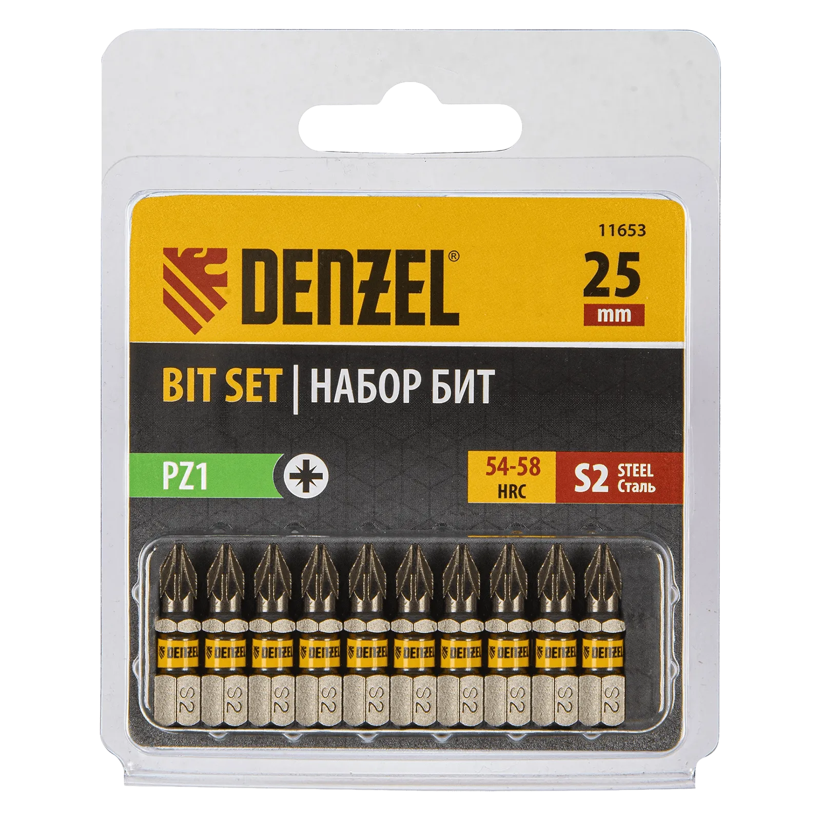 Бита DENZEL PZ1х25, сталь S2, шестигранный профиль, 10 шт. Е 6,3