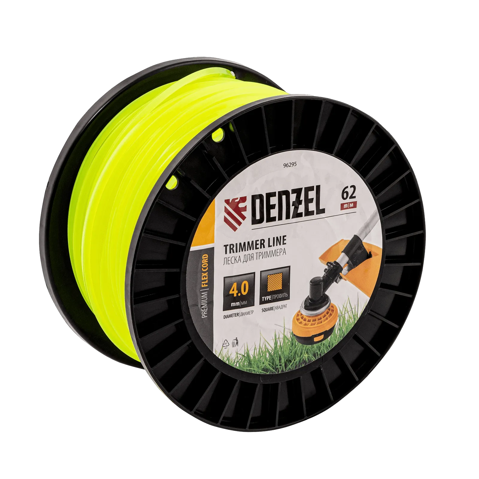 Леска для триммера DENZEL 96295 квадрат, 4,0мм х 62м, на DIN катушке FLEX CORD