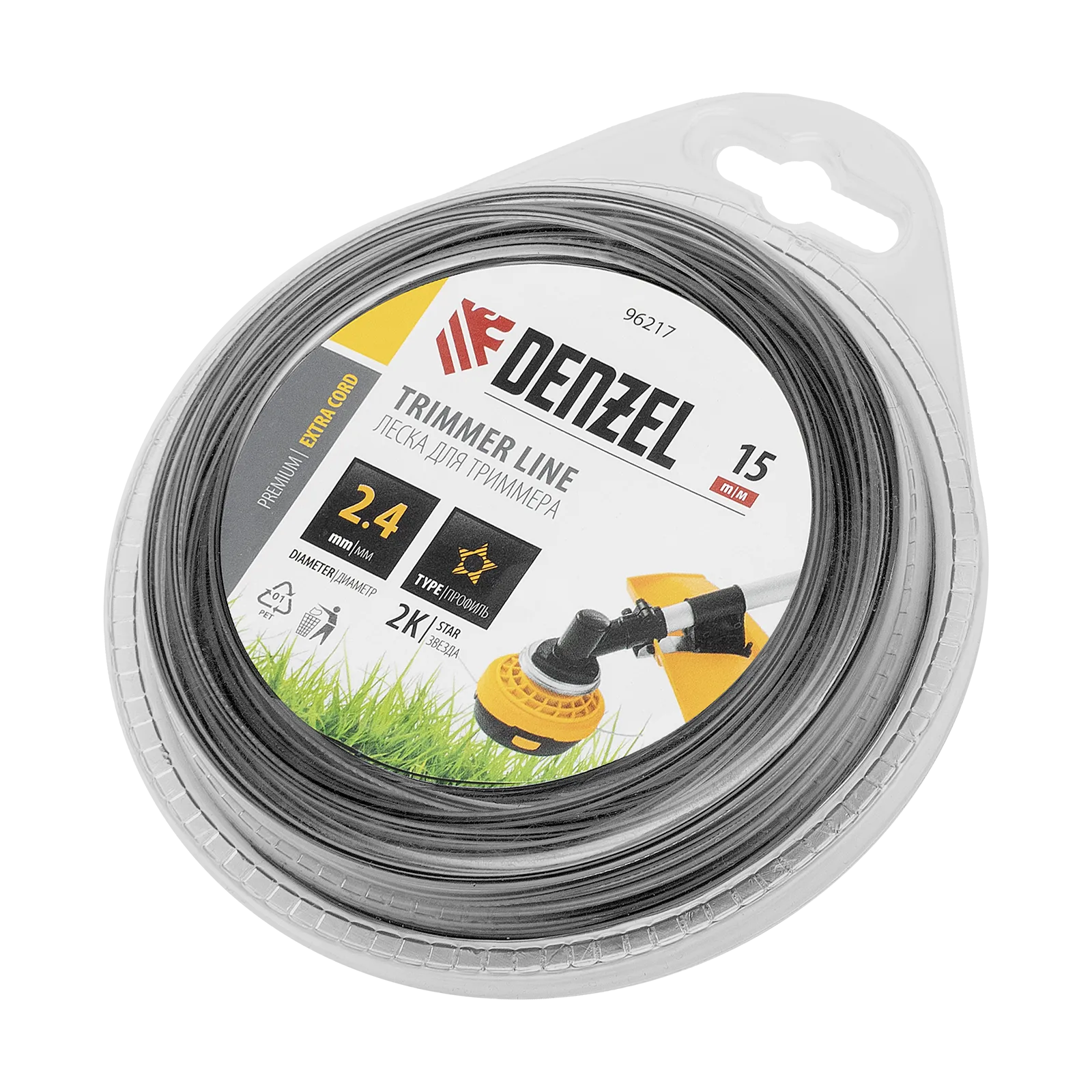 Леска для триммера DENZEL 96217 двухкомпонентная звезда, 2,4мм х 15м, блистер EXTRA CORD