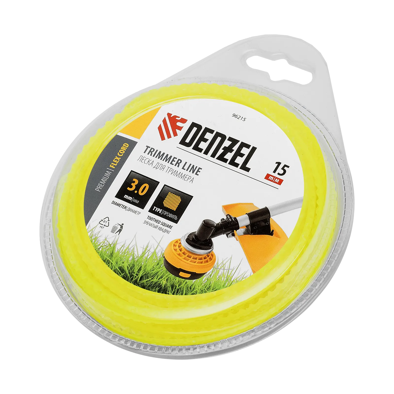 Леска для триммера DENZEL 96215 зубчатый квадрат, 3мм х 15м, блистер FLEX CORD