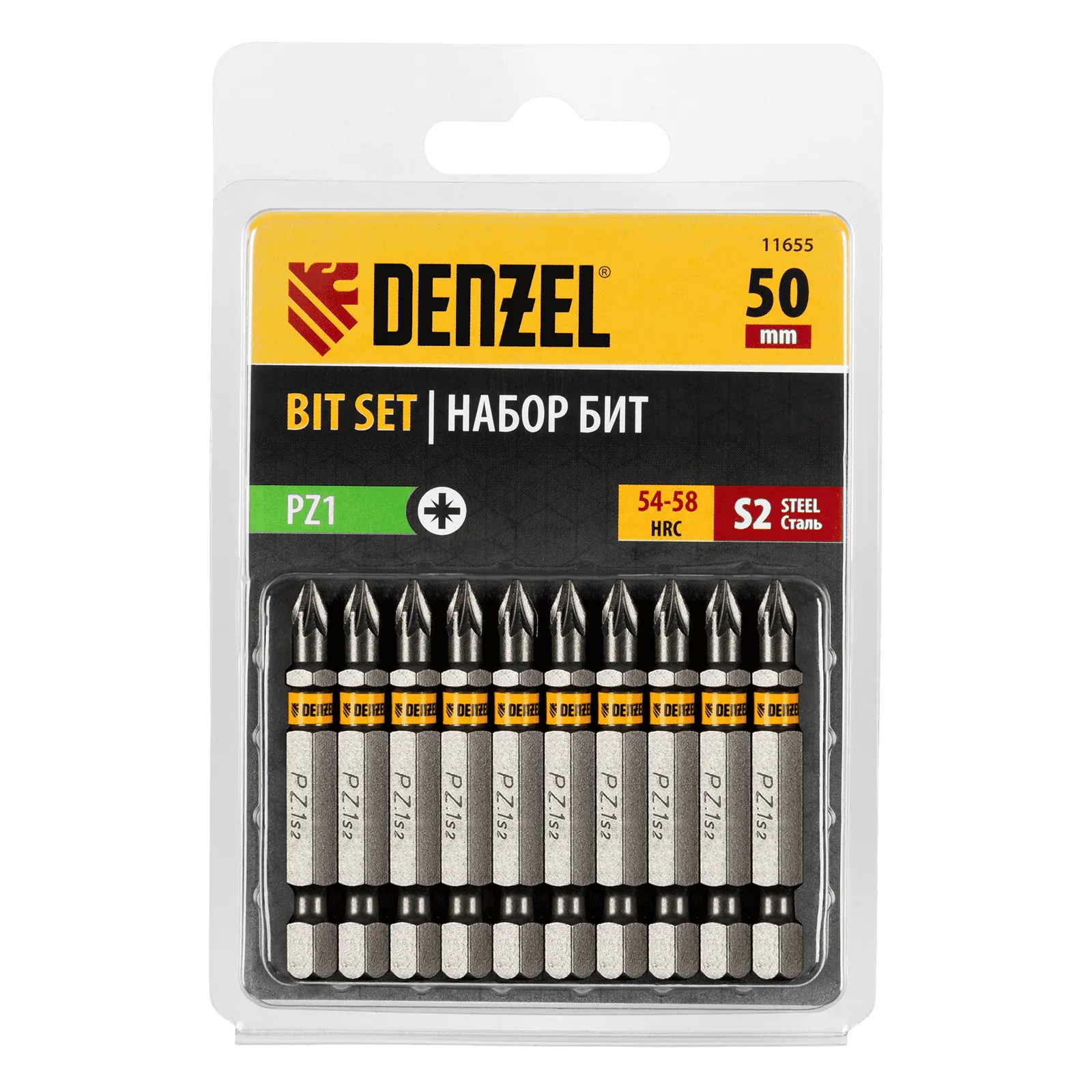 Бита DENZEL PZ1х50, сталь S2, шестигранный профиль, 10 шт. Е 6,3