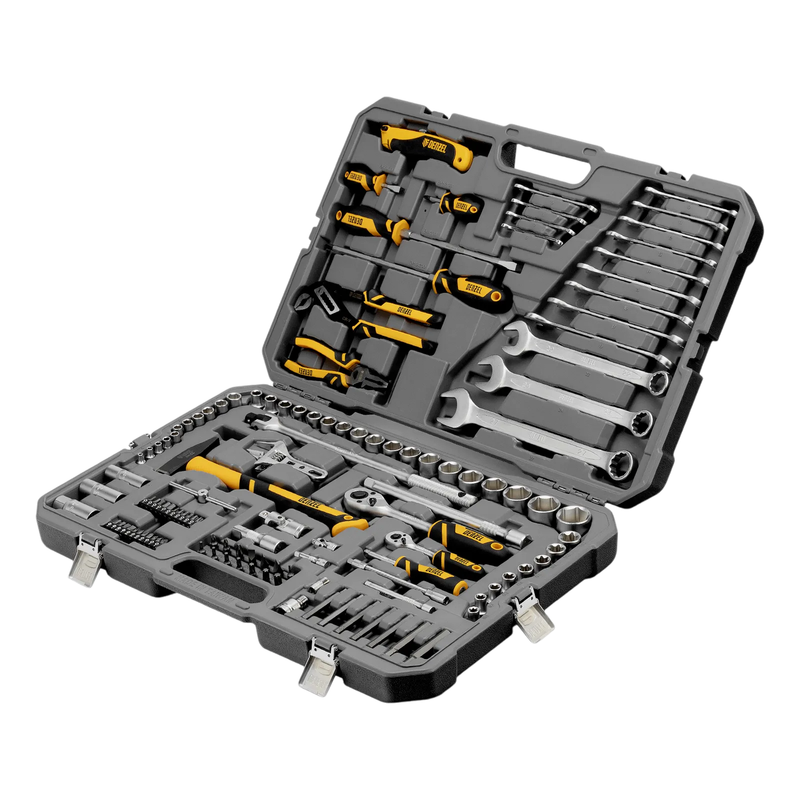 Набор инструментов DENZEL 1/2", 1/4", CrV, S2, пластиковый кейс, 122 предмета