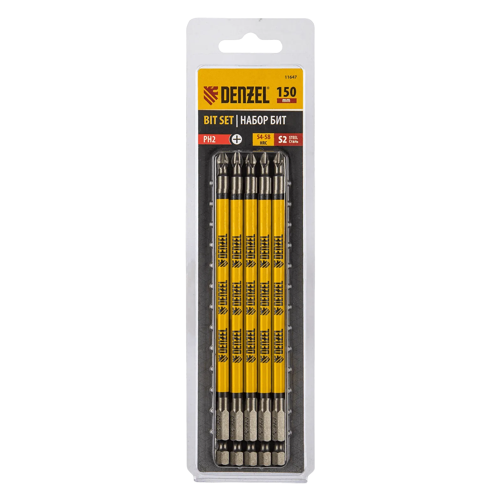 Бита DENZEL PH2х150, сталь S2, цилиндр., 5шт. Е 6,3
