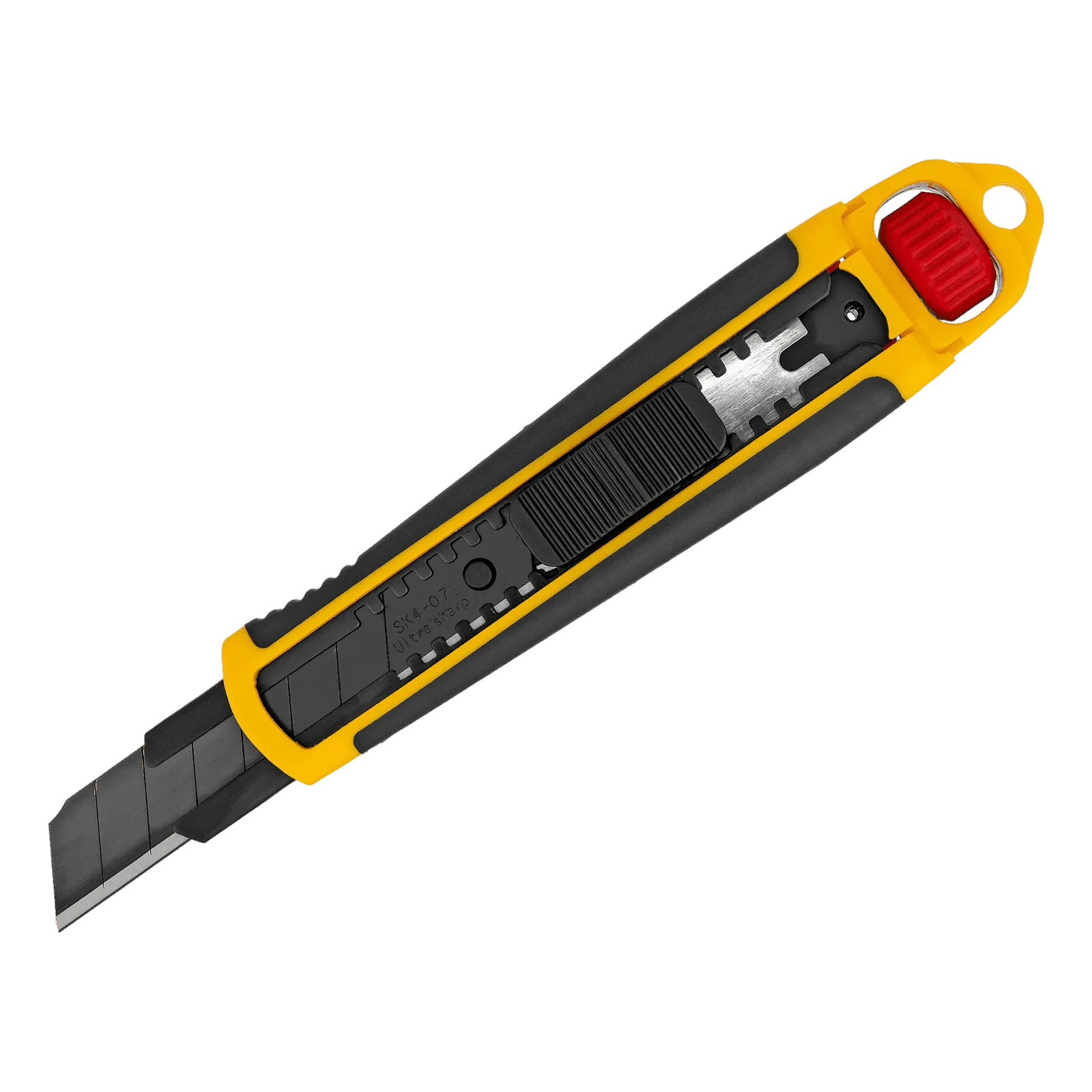 Нож DENZEL 18 мм, сменное лезвие, SK4, корпус из ABS + TPR, торцевой зажим