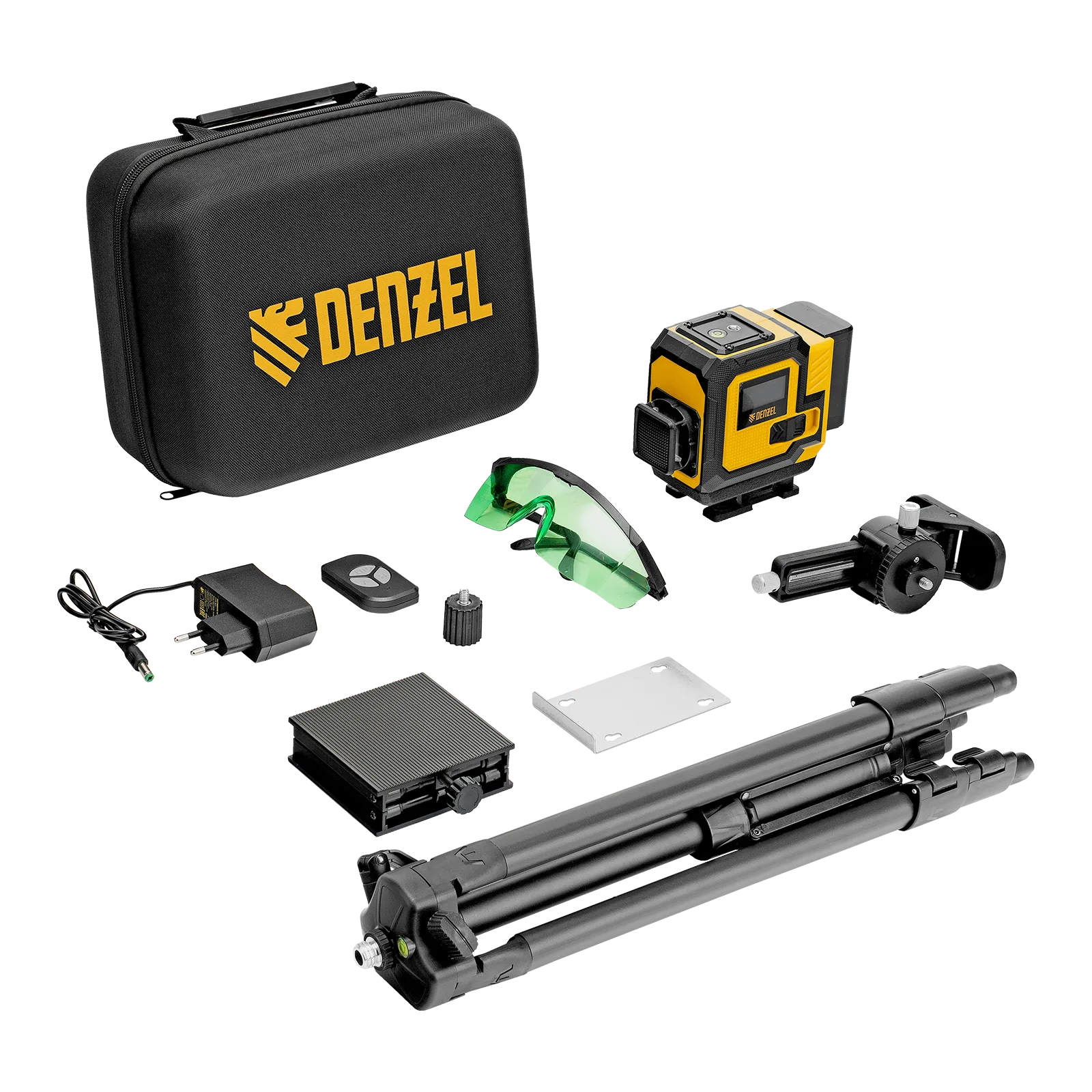 Лазерный уровень мультипризменный DENZEL DLV-360-3T, 30 м, зеленый луч, Li-Ion 2,4 Aч, штатив