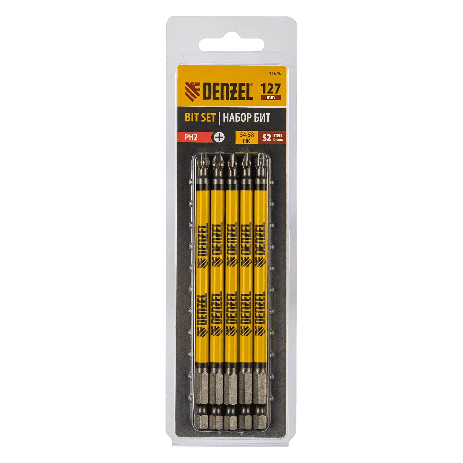 Бита DENZEL PH2х127, сталь S2, цилиндр., 5шт. Е 6,3