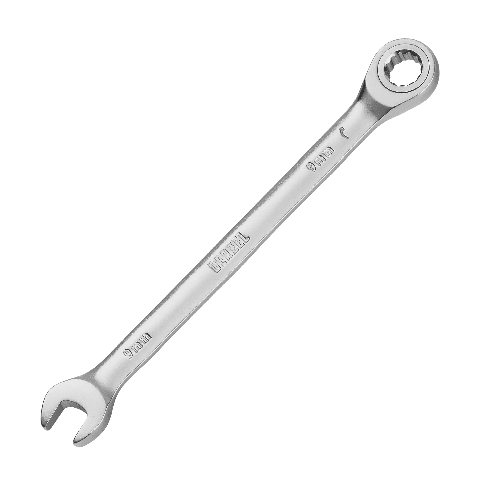 Ключ комбинированный трещоточный DENZEL, 9 мм, CrV, матовый хром
