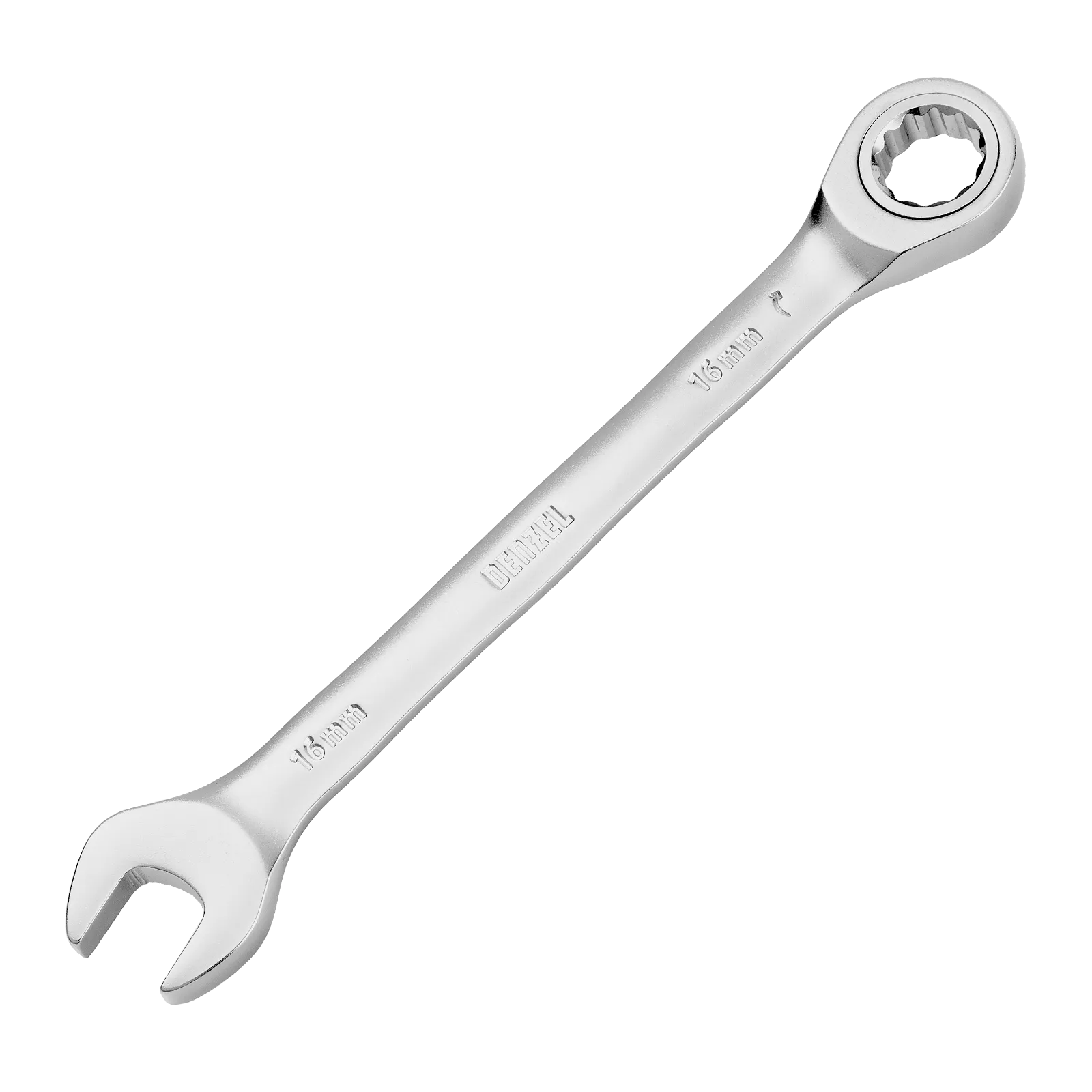 Ключ комбинированный трещоточный DENZEL, 16 мм, CrV, матовый хром