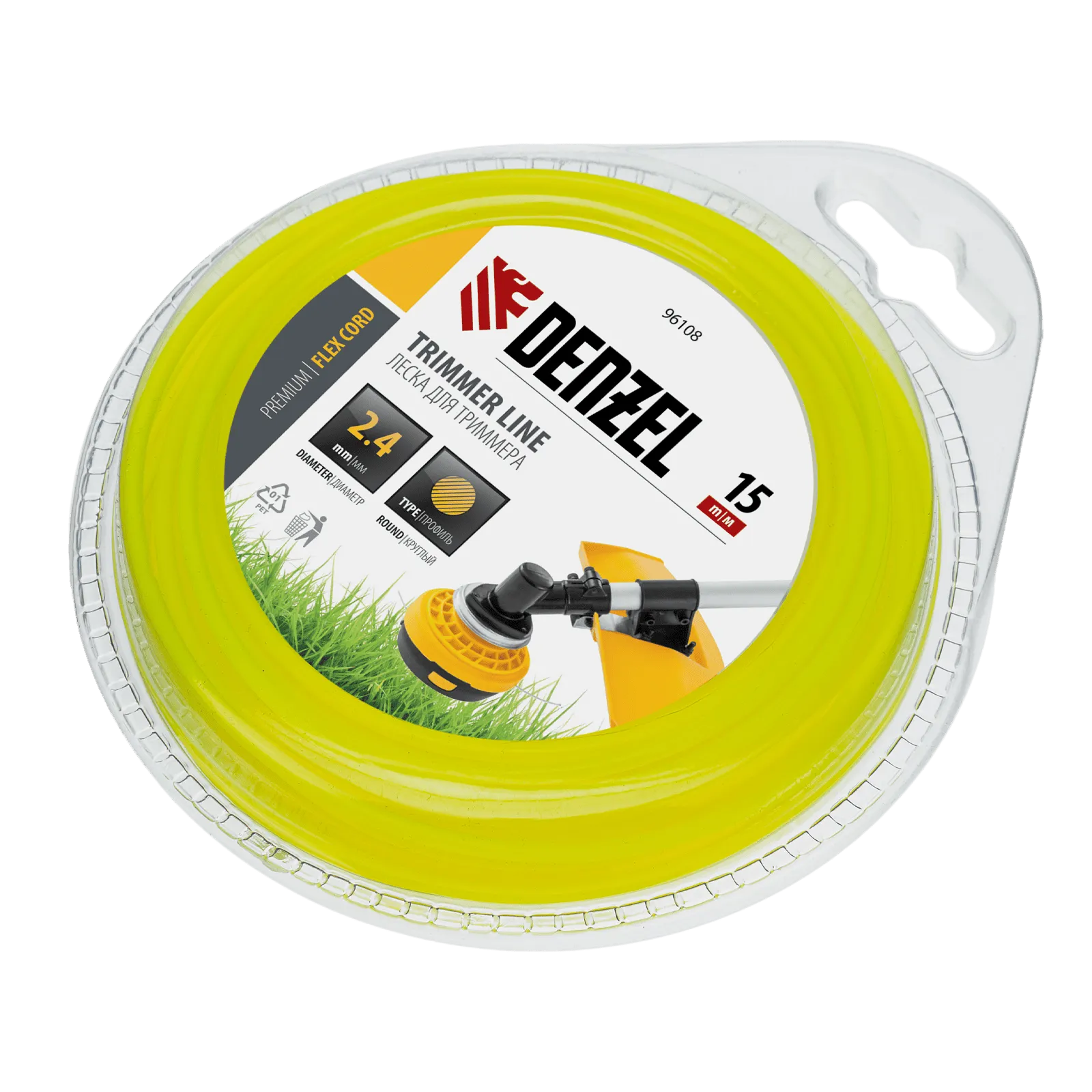 Леска для триммера DENZEL Flex Сord 96108, 2.4 мм x 15 м, круглая, блистер