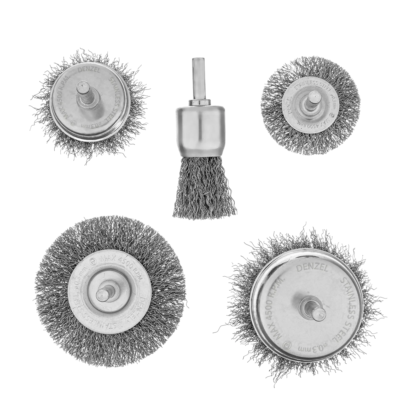 Набор щеток для дрели DENZEL, 2 Плоские 50-75мм, 3 Чашки 25-50-75мм, шпилька,  нерж.вит. проволока