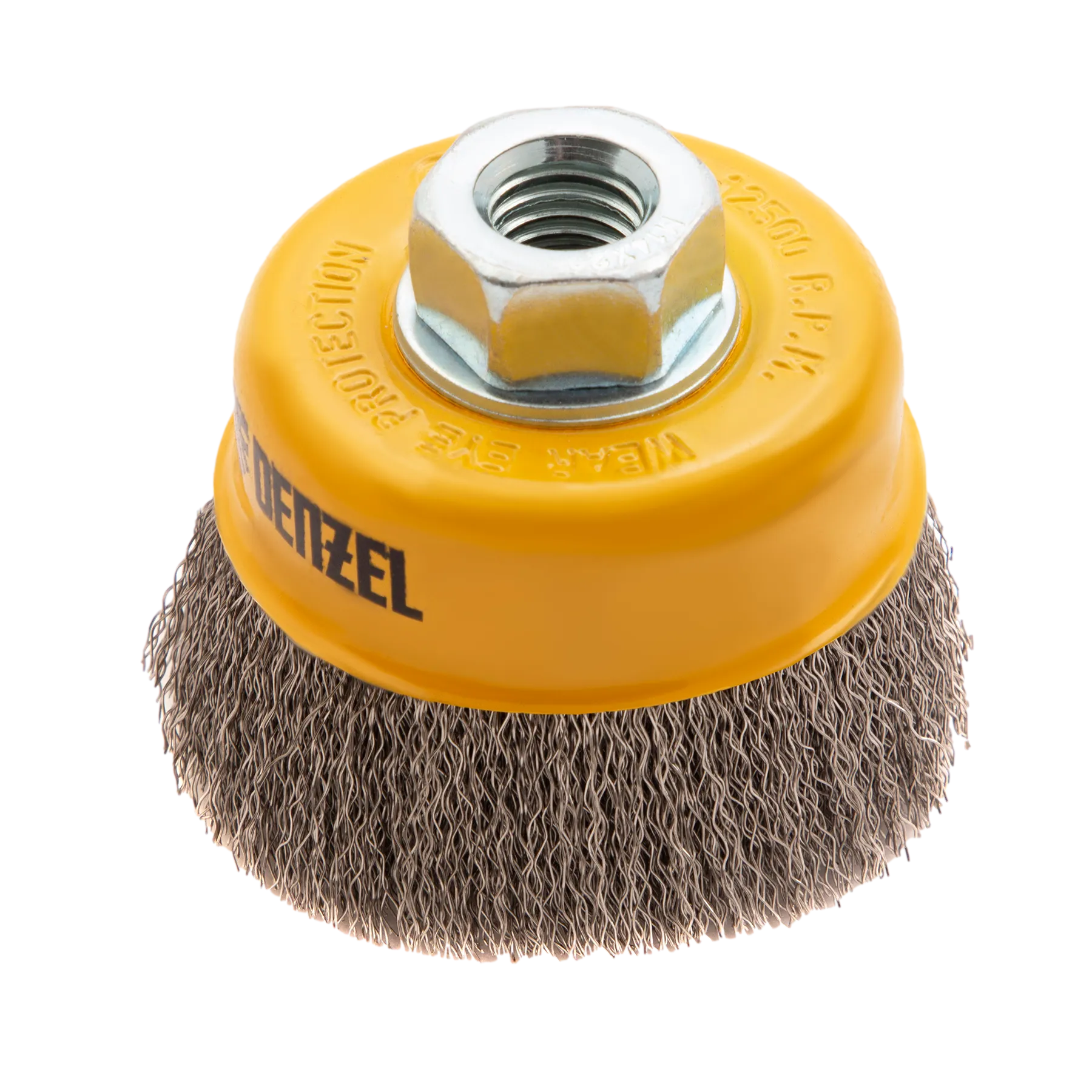 Щетка для УШМ DENZEL 746043, 75 мм, «чашка», витая нержавеющая проволока 0.3 мм, М14