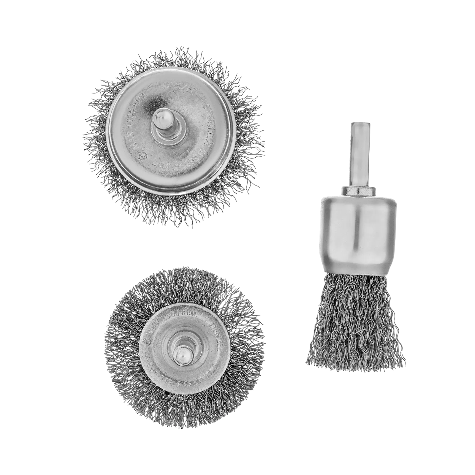 Набор щеток для дрели DENZEL, 1 Плоская 50мм, 2 Чашки 25-50мм, шпилька, нерж. вит. проволока