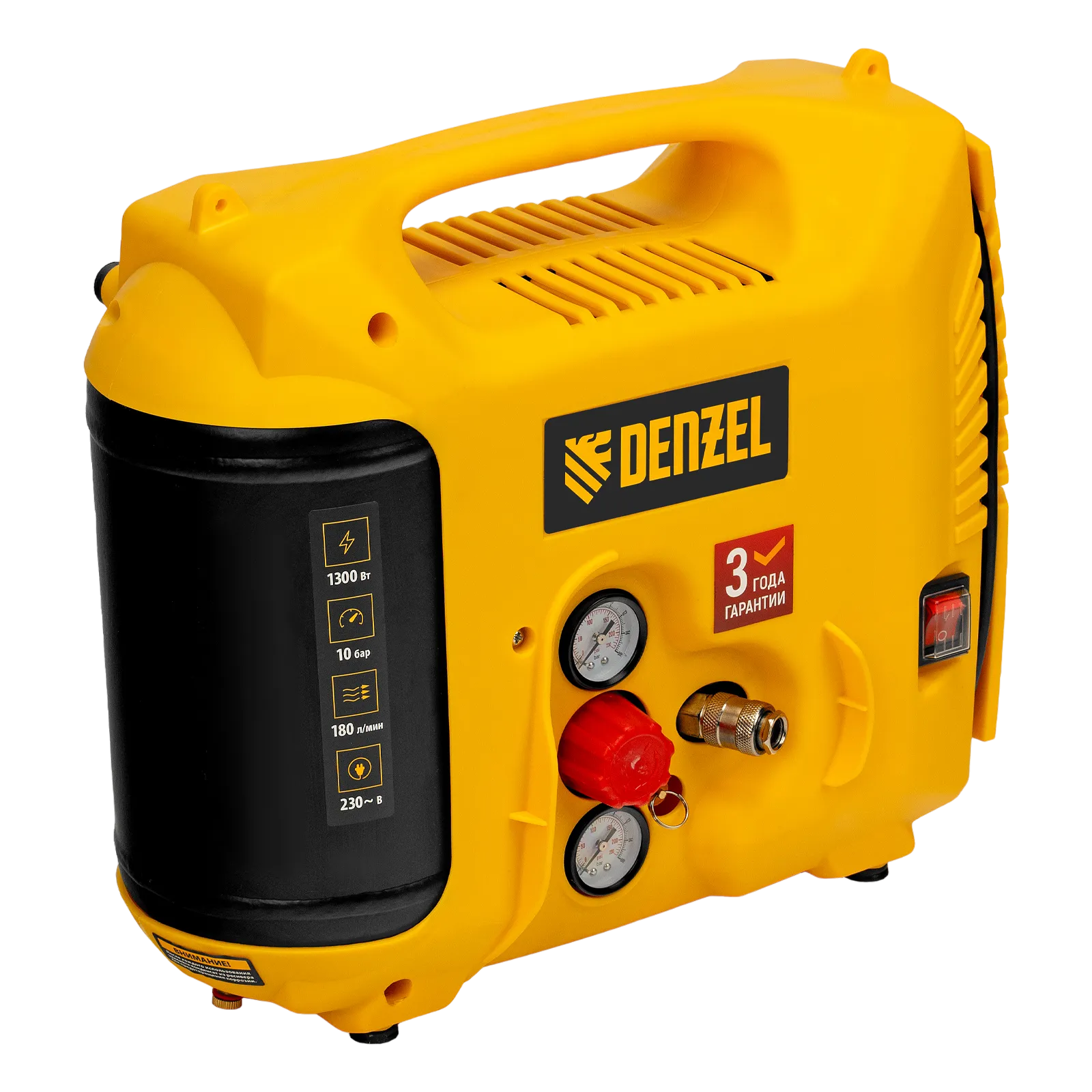 Компрессор воздушный DENZEL DL1300, 10 бар, 1,3 кВт 180 л/мин 5 л, с набором аксессуаров
