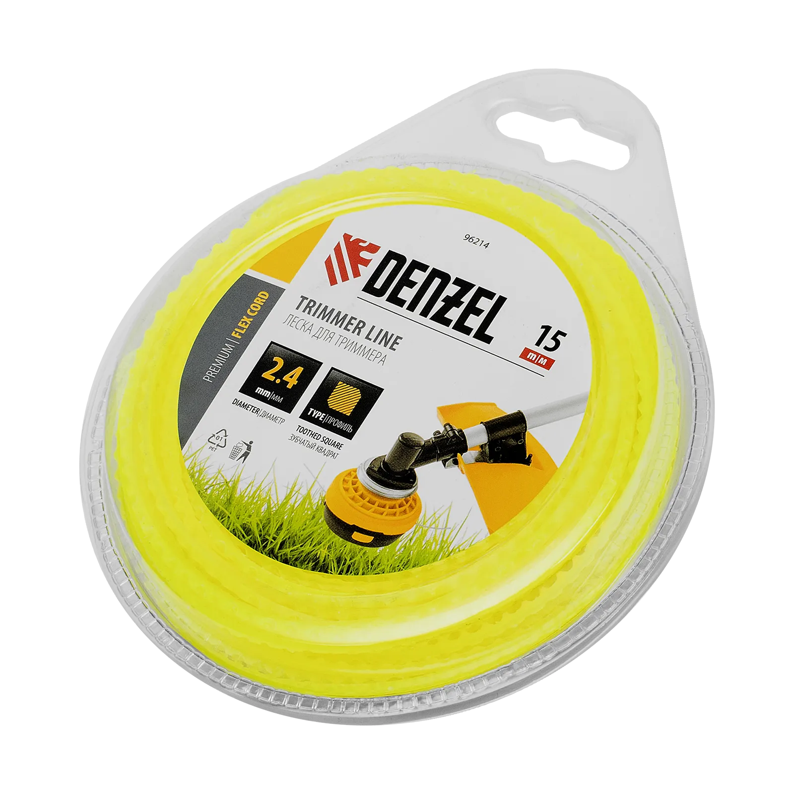 Леска для триммера DENZEL 96214 зубчатый квадрат, 2,4мм х 15м, FLEX CORD