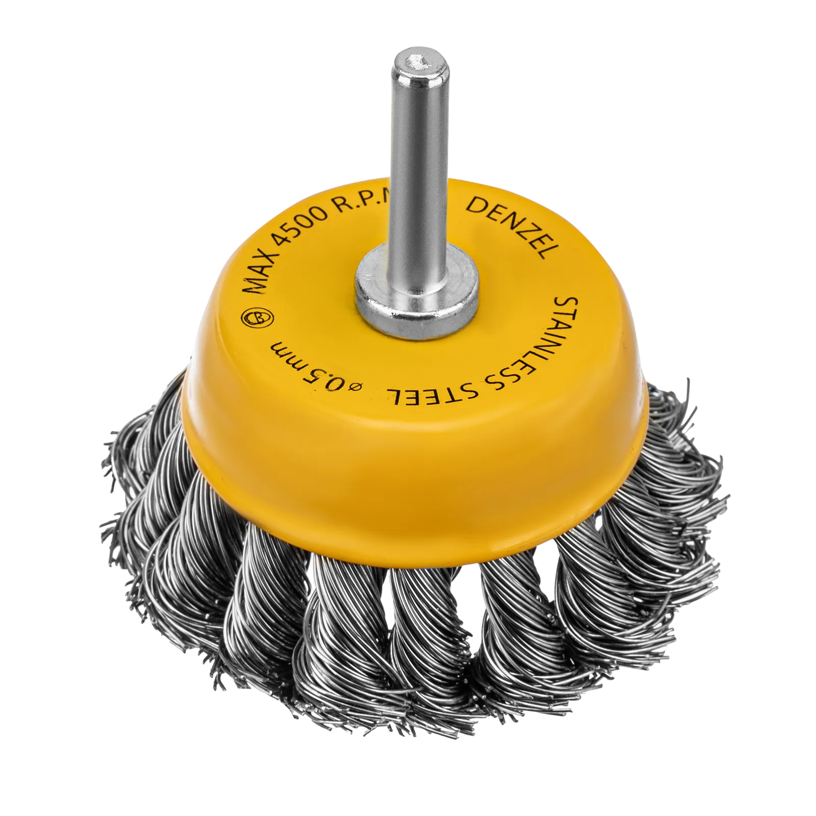 Щетка для дрели DENZEL, 65 мм, Чашка, со шпилькой, нержавеющая крученая проволока