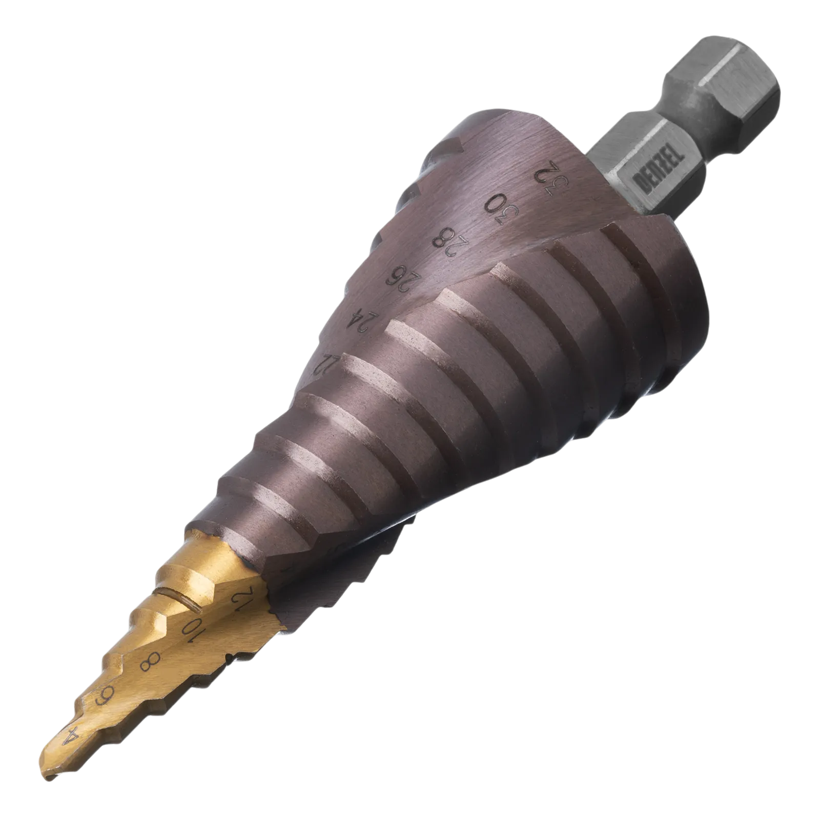 Сверло ступенчатое DENZEL, 4-6-8-10-12-14-16-18-20-22-24-26-28-30-32 мм, Р6М5К5, 6-гр. хвостовик