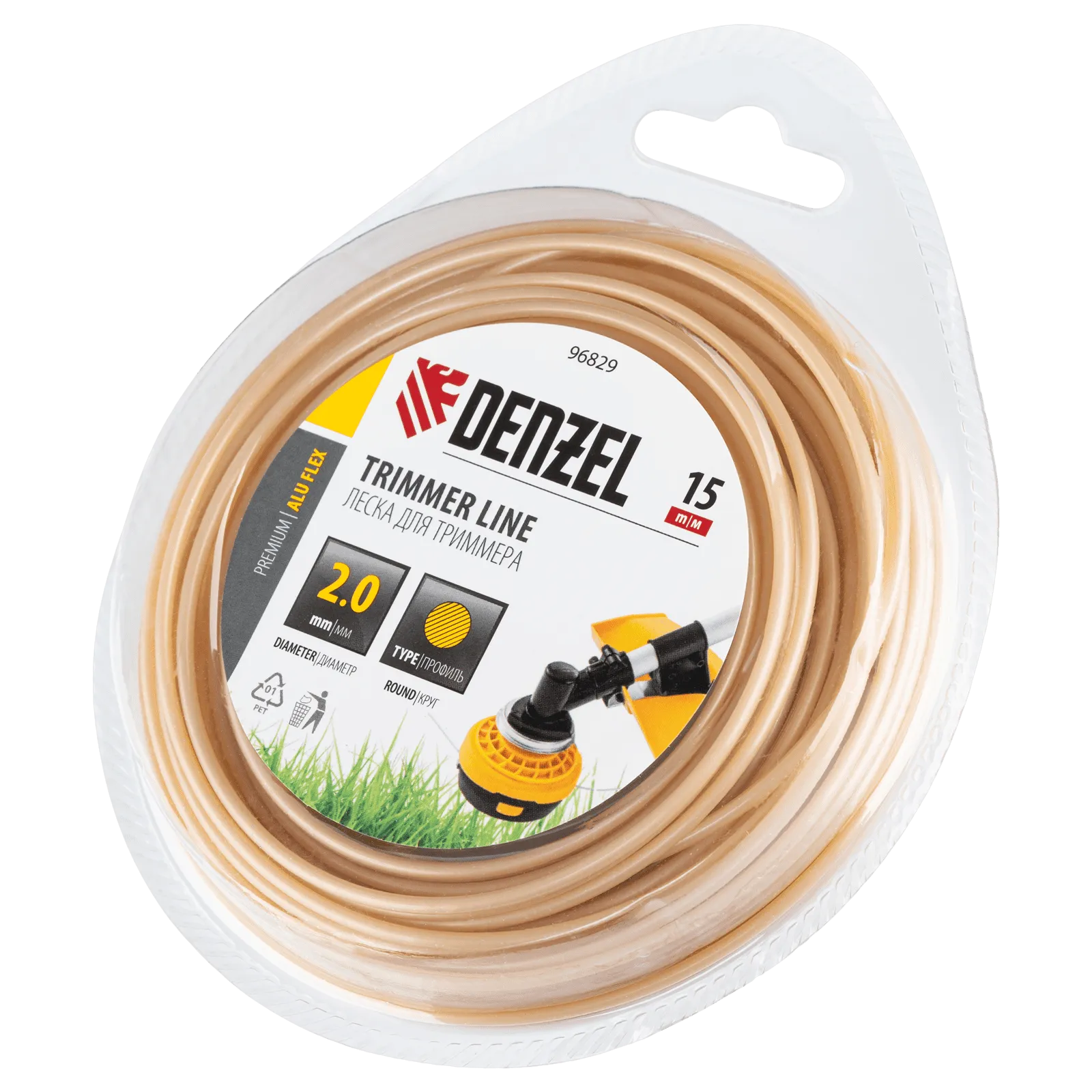 Леска для триммера DENZEL армированная алюминием круглая, 2,0мм х 15м, блистер ALUFLEX