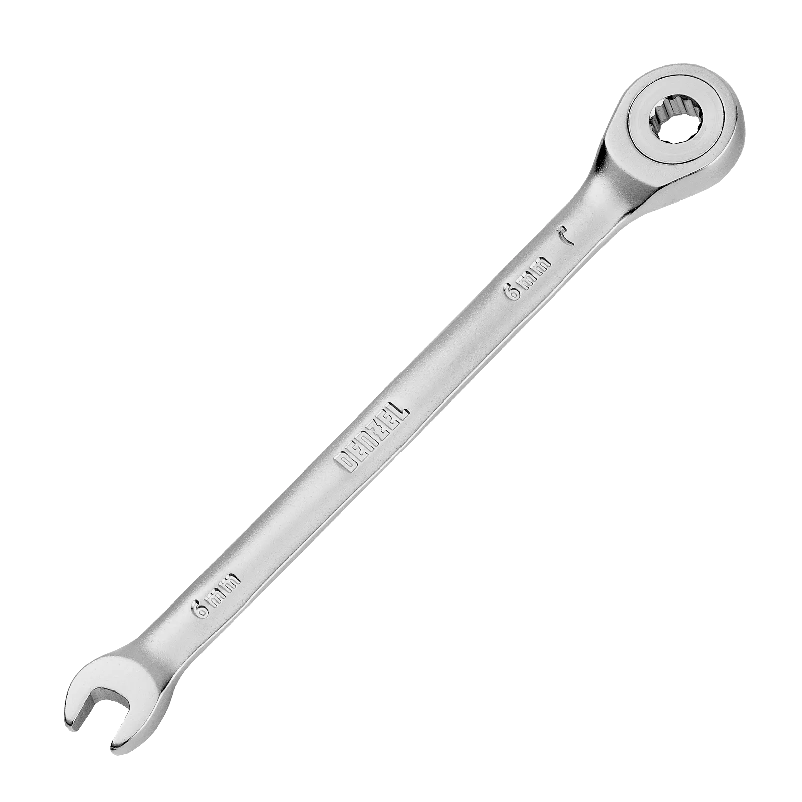 Ключ комбинированный трещоточный DENZEL, 6 мм, CrV, матовый хром
