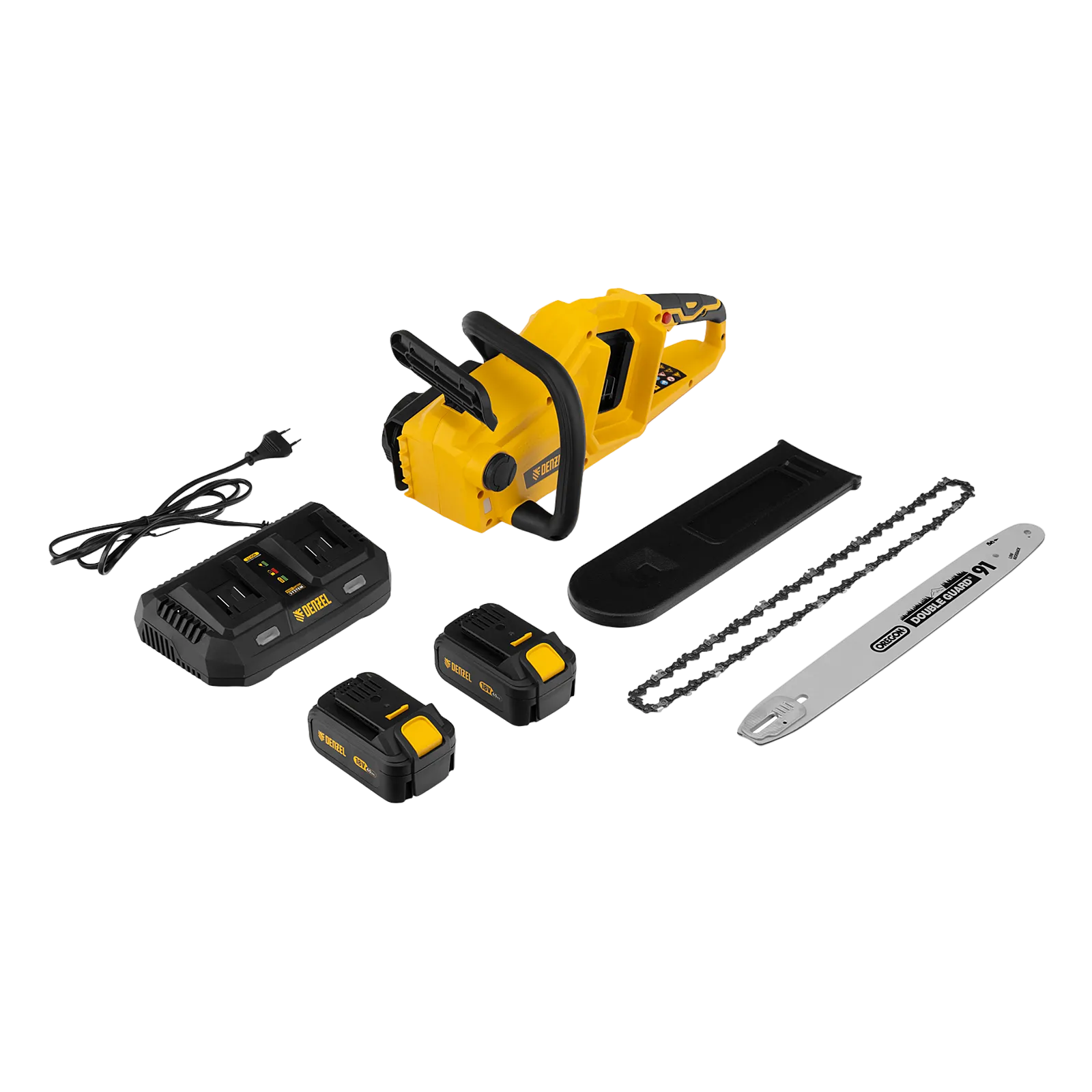 Аккумуляторная цепная пила DENZEL RCS400-36, Li-ion, 36 В, 4 Ач, шина 400 мм, бесщеточная