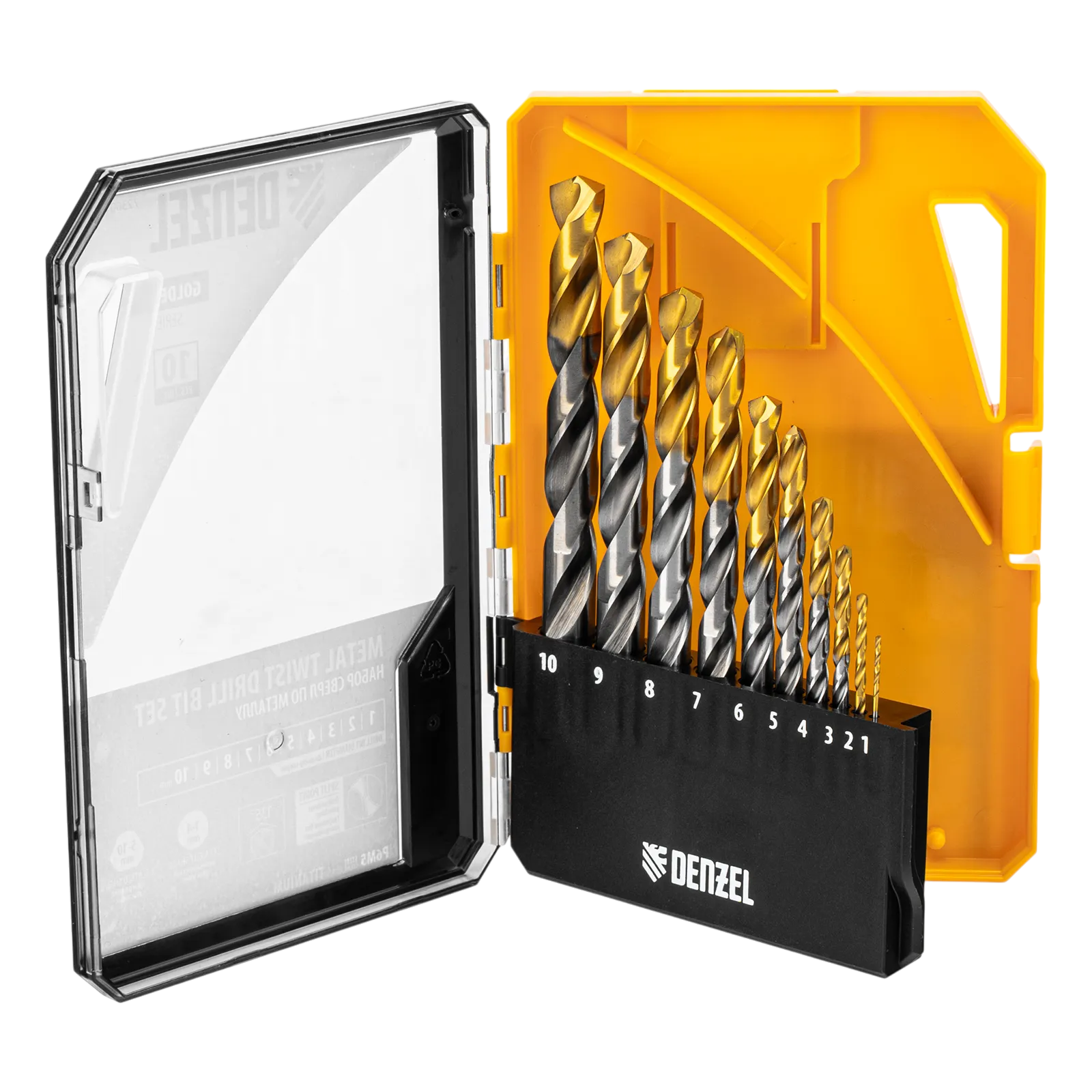 Набор сверл по металлу DENZEL, 1-10 мм, Р6М5-TiN, Golden Tip, 10 шт