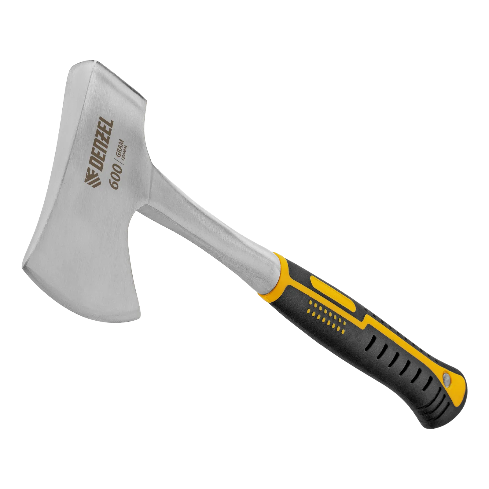 Топор цельнометаллический DENZEL, 600 г, двухкомпонентная обрезиненная рукоятка, прямой хват