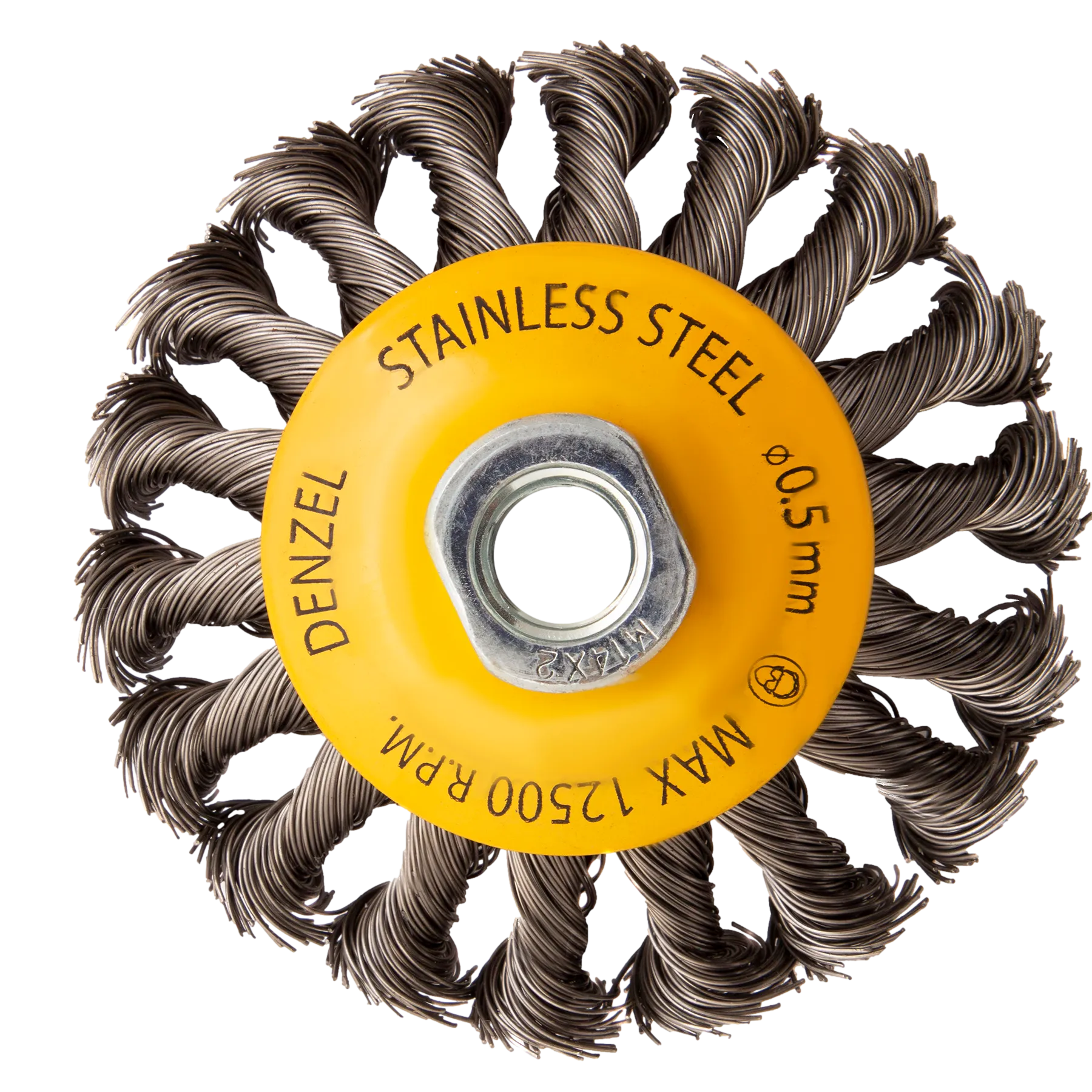 Щетка для УШМ DENZEL 746093, 100 мм, «тарелка», крученая нержавеющая проволока 0.5 мм, М14