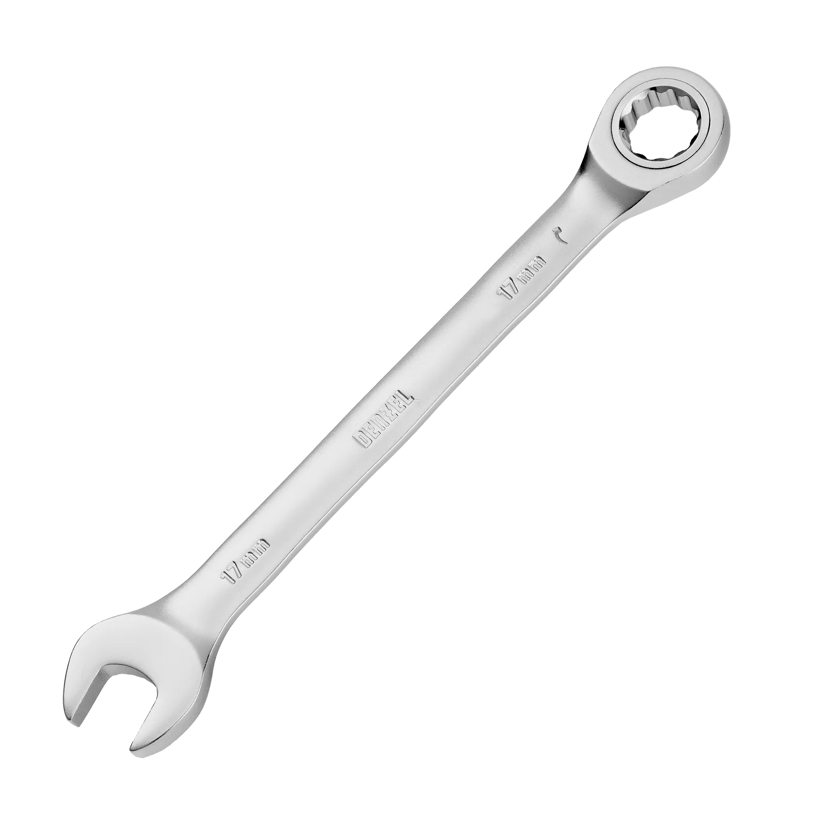 Ключ комбинированный трещоточный DENZEL, 17 мм, CrV, матовый хром