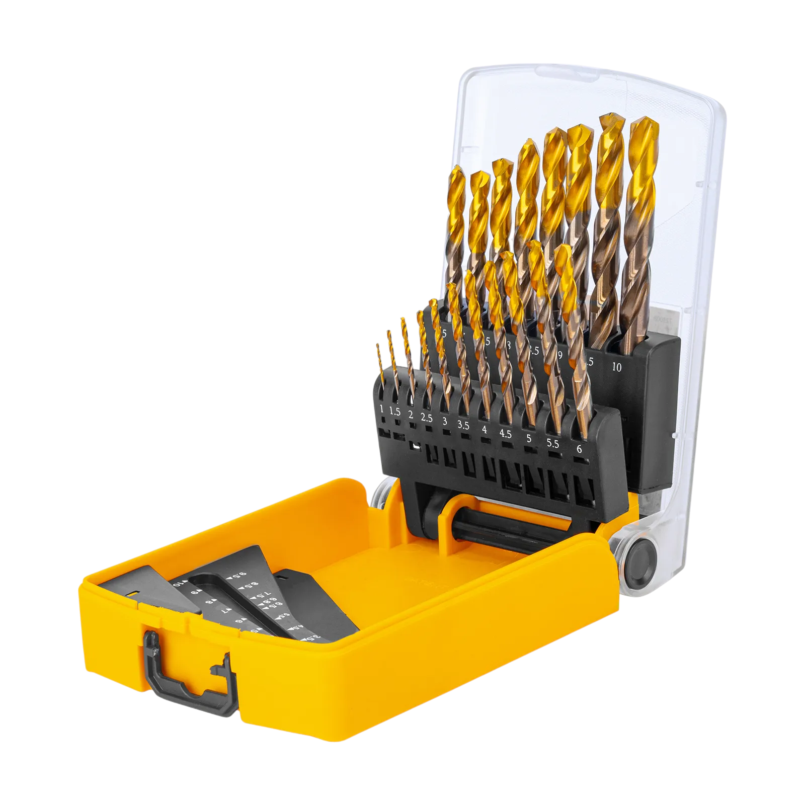 Набор сверл по металлу DENZEL, 1-10 мм, Р6М5К8-TiN, Golden Tip, 19 шт