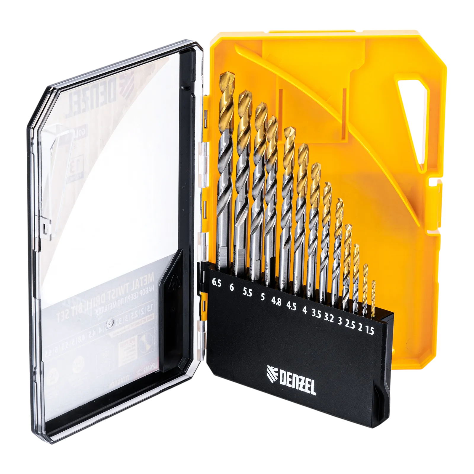 Набор сверл по металлу DENZEL, 1,5-6,5мм, Р6М5-TiN, Golden Tip, 13 шт