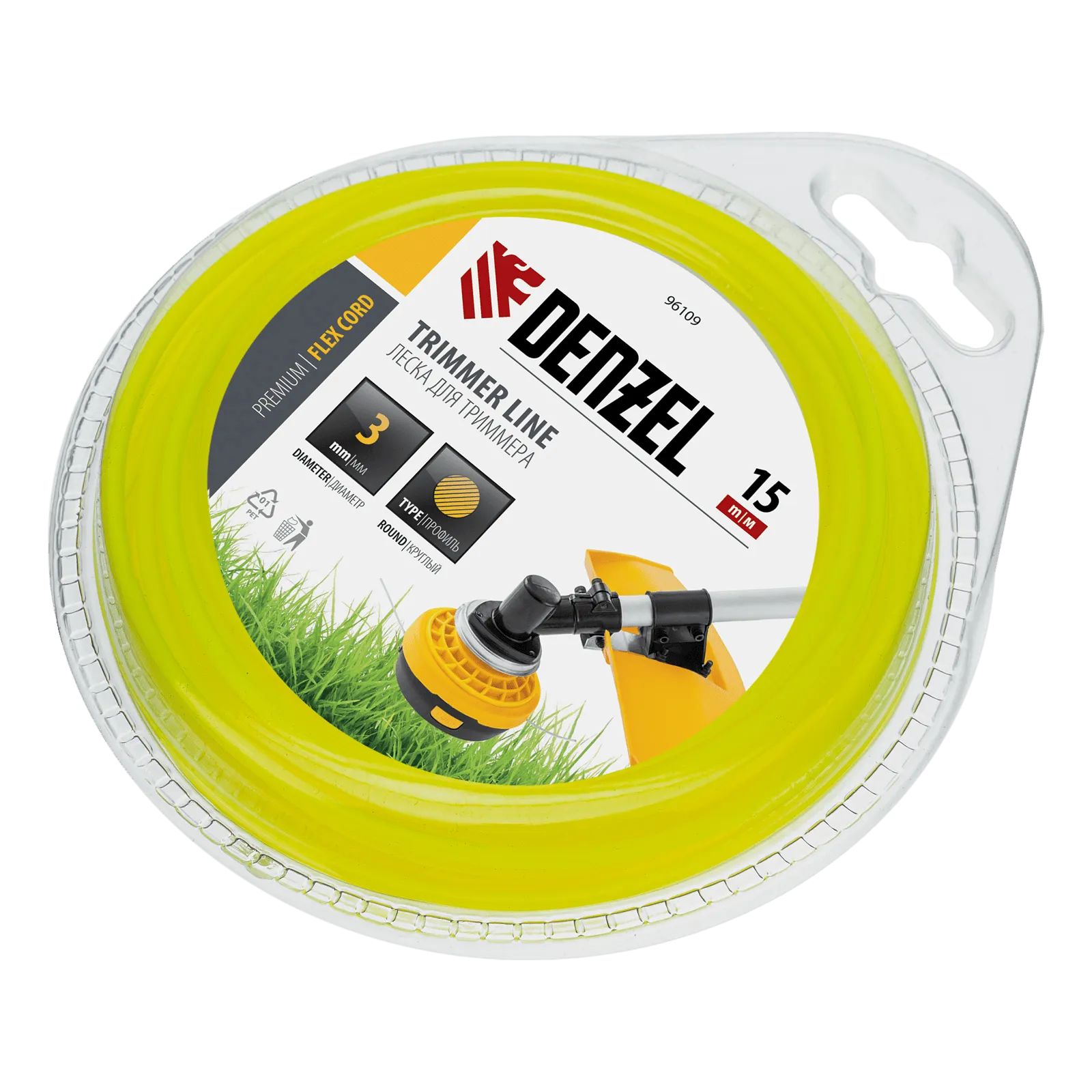 Леска для триммера DENZEL Flex Сord 96109, 3 мм x 15 м, круглая, блистер