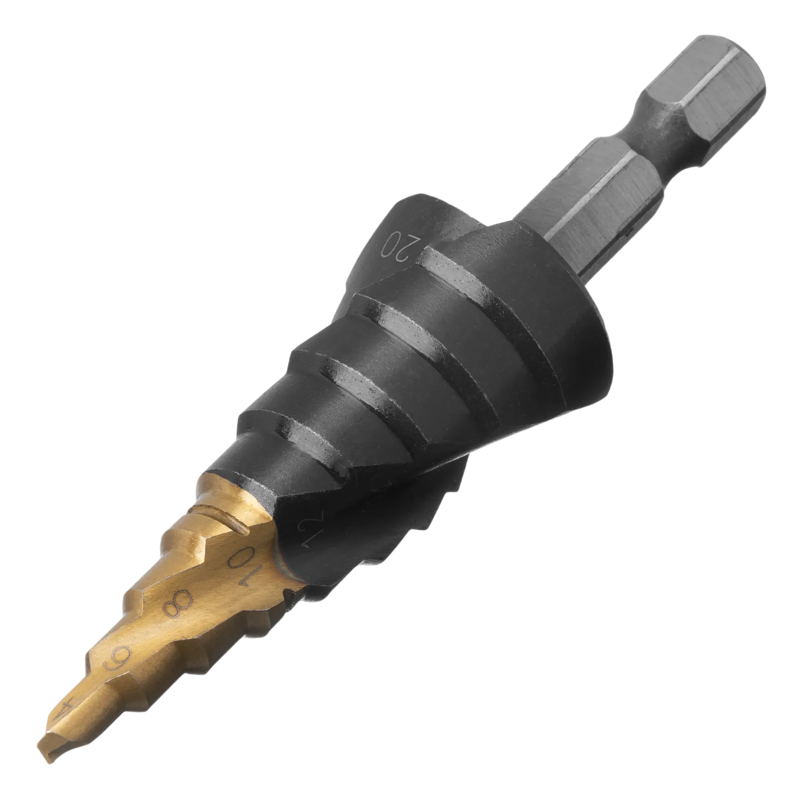 Сверло ступенчатое DENZEL 4-6-8-10-12-14-16-18-20 мм, Р6М5, 6-гр. хвостовик