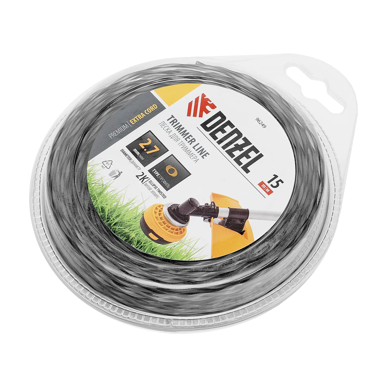 Леска для триммера DENZEL 96249 двухкомпонентная эллипс, 2,7мм х 15м, блистер EXTRA CORD