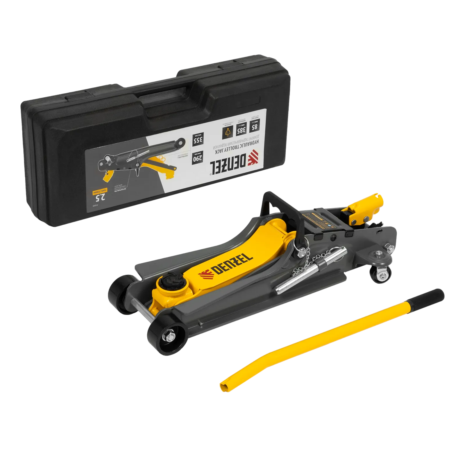 Домкрат гидравлический подкатной с фиксатором DENZEL 2,5 т,  85-385 мм, в пласт. кейсе