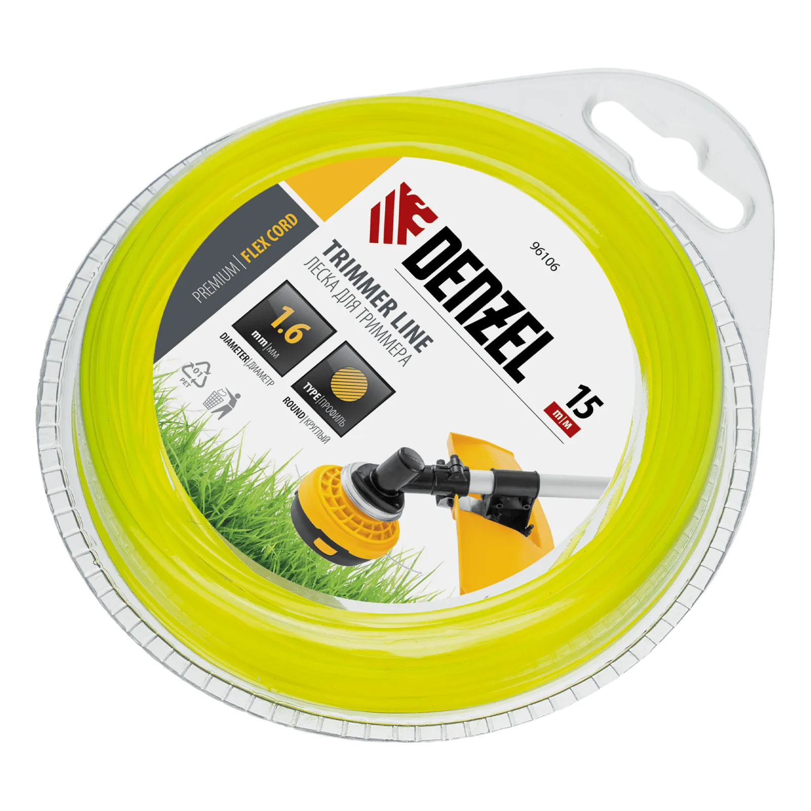 Леска для триммера DENZEL Flex Сord 96106, 1.6 мм x 15 м, круглая, блистер