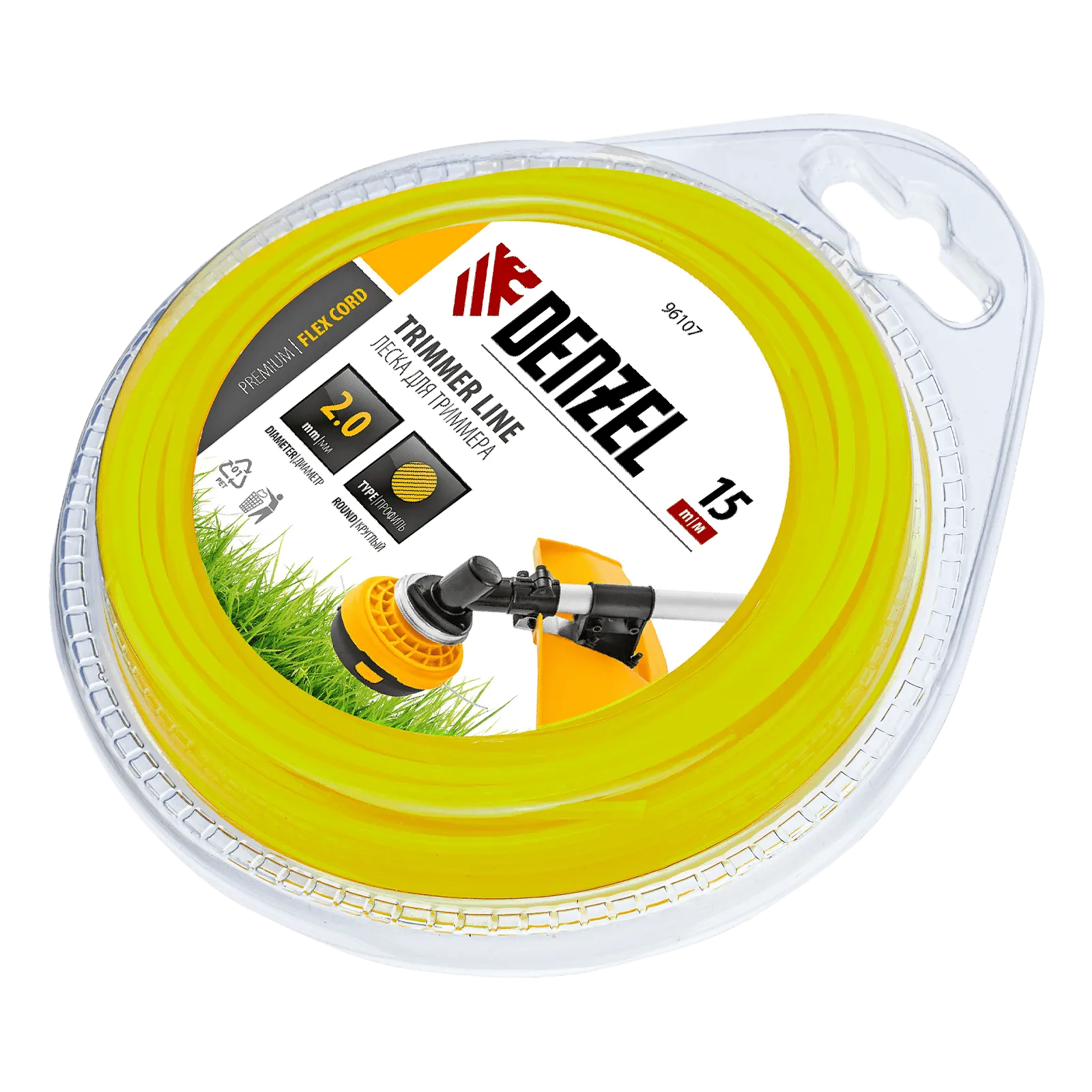 Леска для триммера DENZEL Flex Сord 96107, 2 мм x 15 м, круглая, блистер