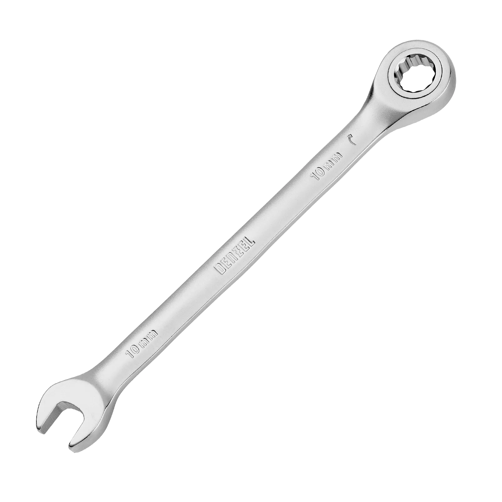 Ключ комбинированный трещоточный DENZEL, 10 мм, CrV, матовый хром