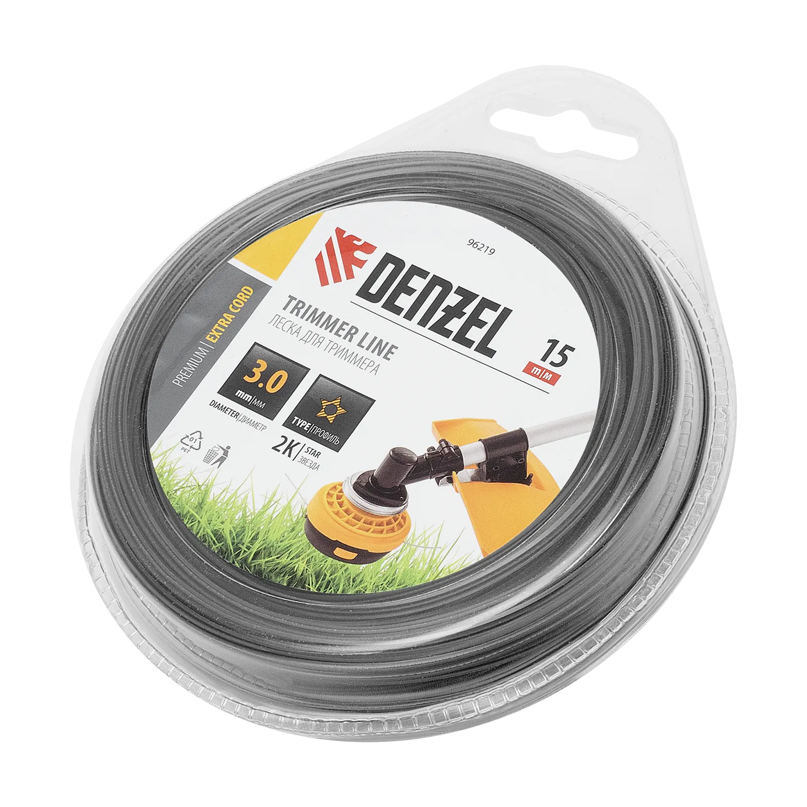 Леска для триммера DENZEL 96219 двухкомпонентная звезда, 3,0мм х 15м, блистер EXTRA CORD