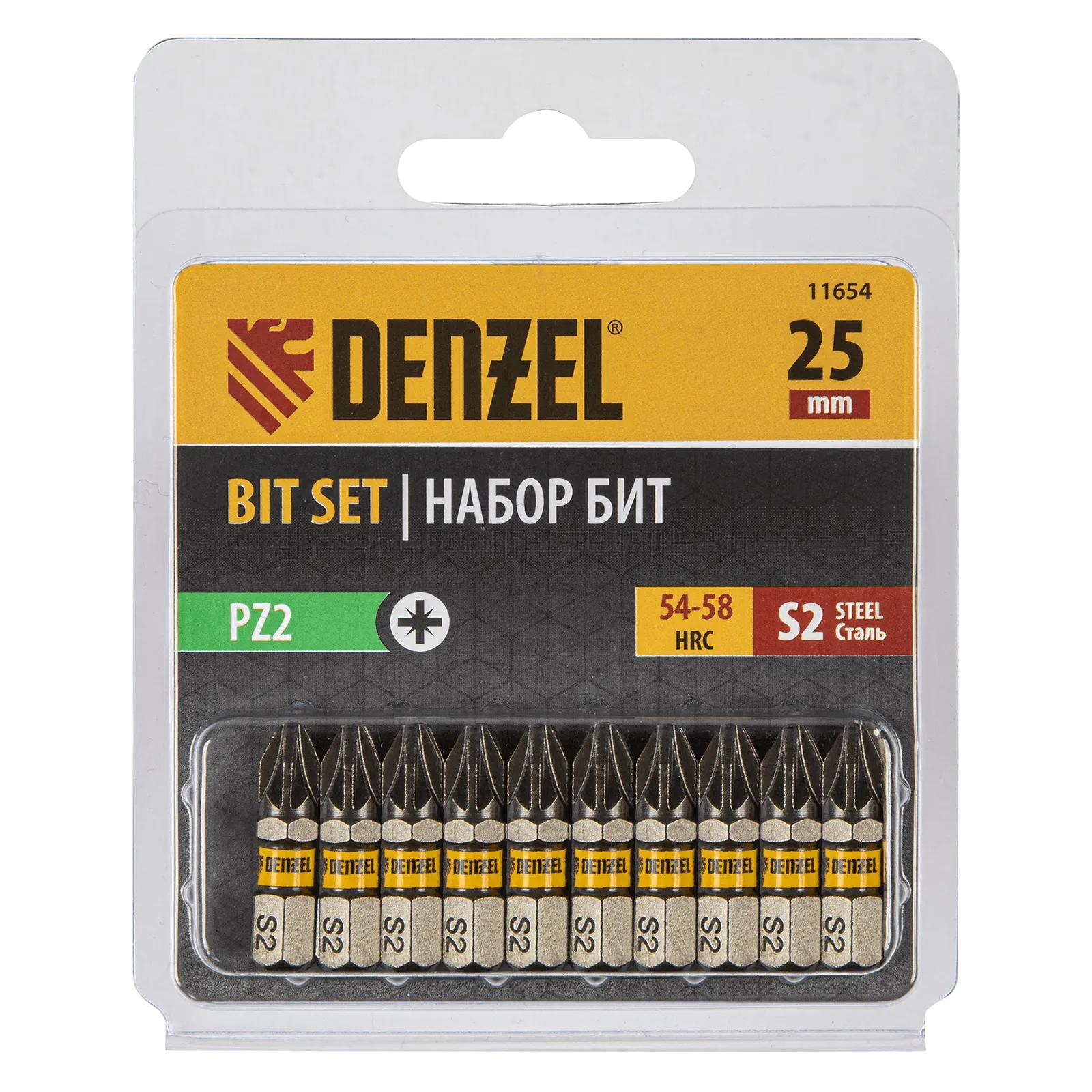 Бита DENZEL PZ2х25, сталь S2, шестигранный профиль, 10 шт. Е 6,3