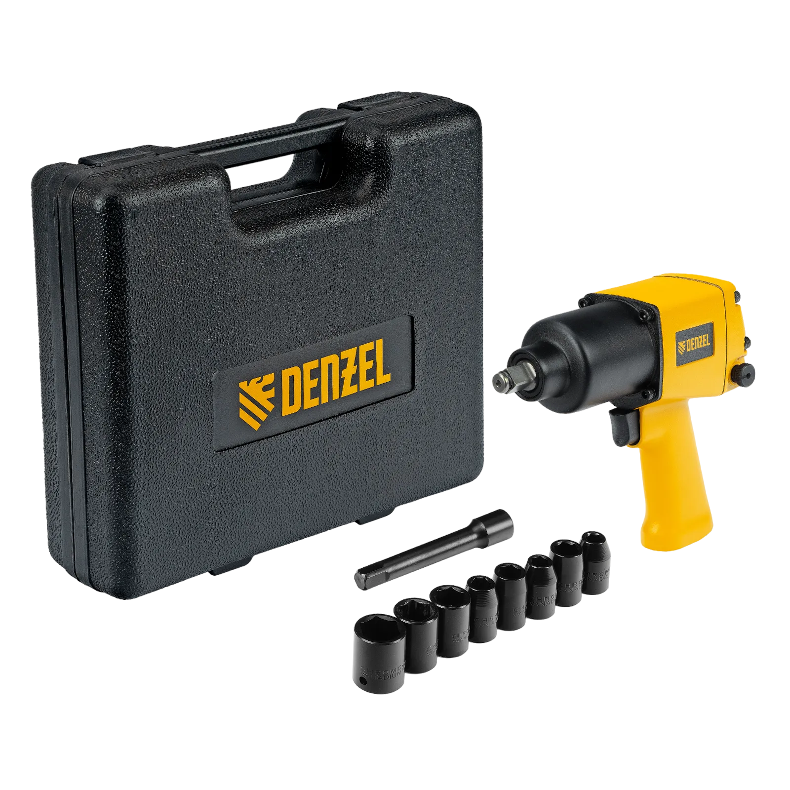 Пневмогайковерт ударный DENZEL IW860+набор головок, 1/2, 7000 об/мин, 868 Нм