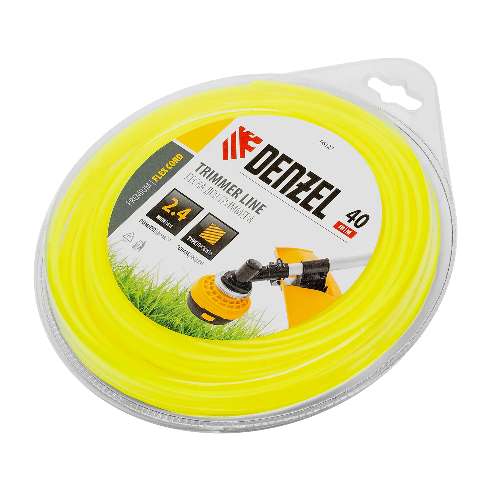 Леска для триммера DENZEL Flex Сord 96123, 2.4 мм x 40 м, квадратная, блистер