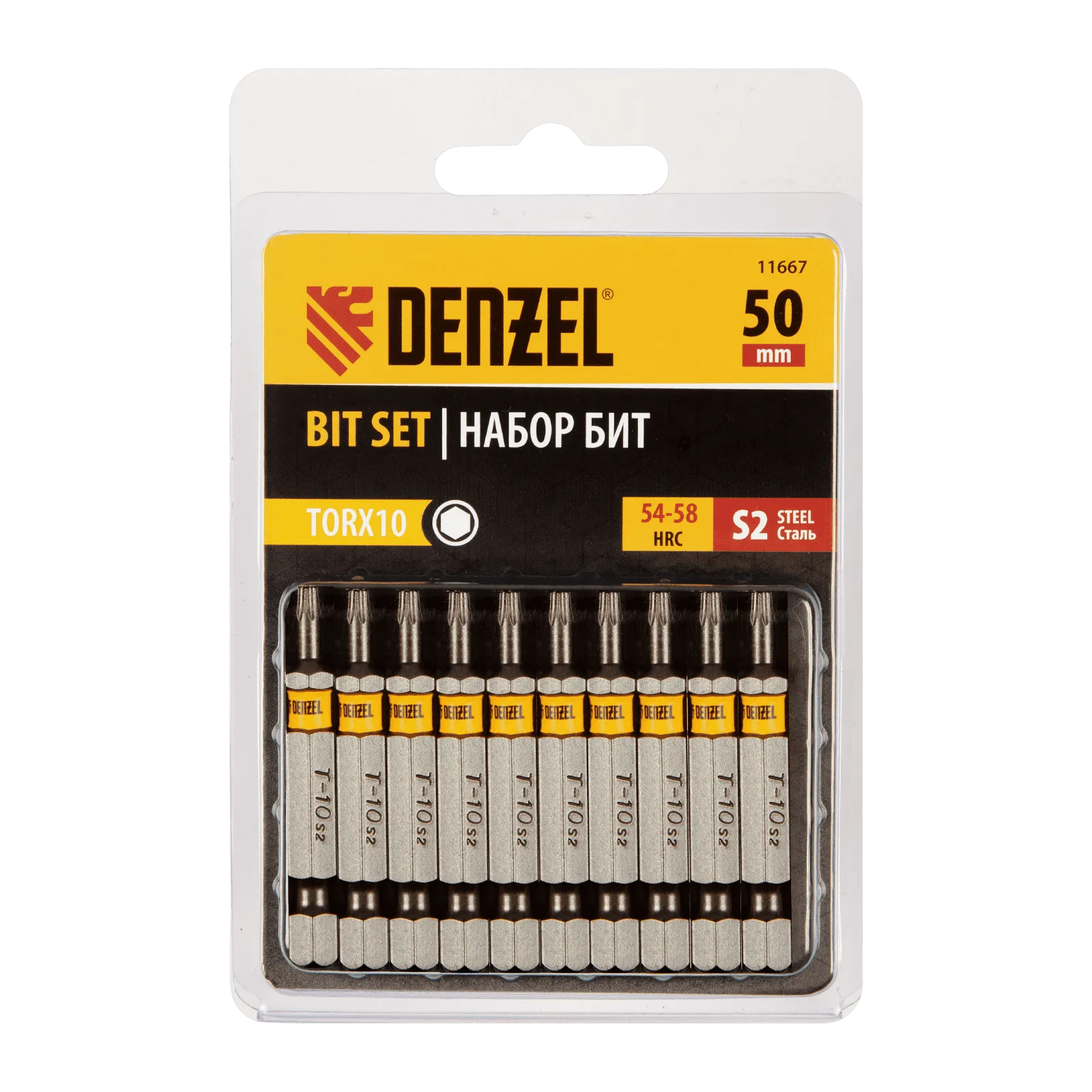 Бита DENZEL TX 10х50, сталь S2, шестигранный профиль, 10 шт. Е 6,3