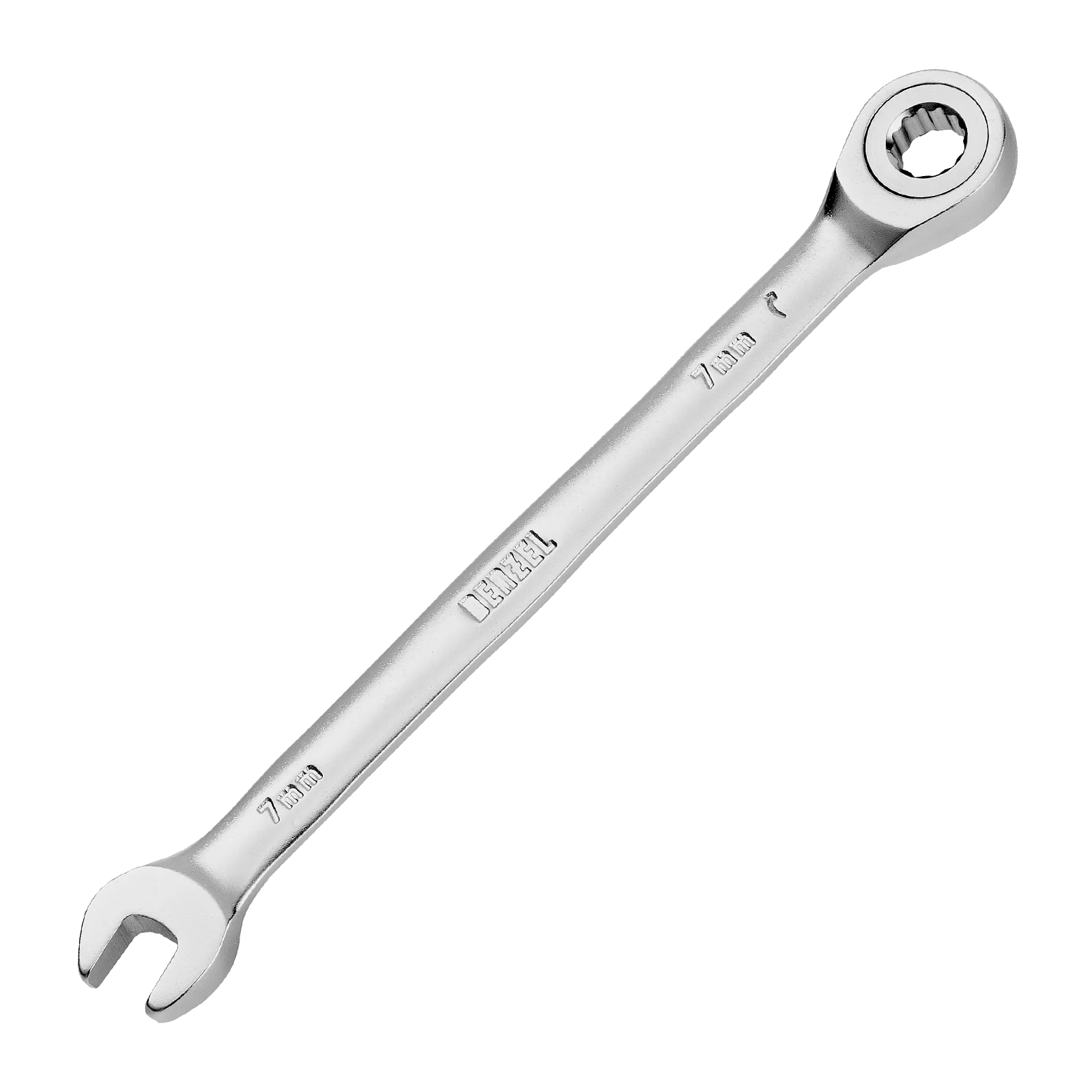 Ключ комбинированный трещоточный DENZEL, 7 мм, CrV, матовый хром
